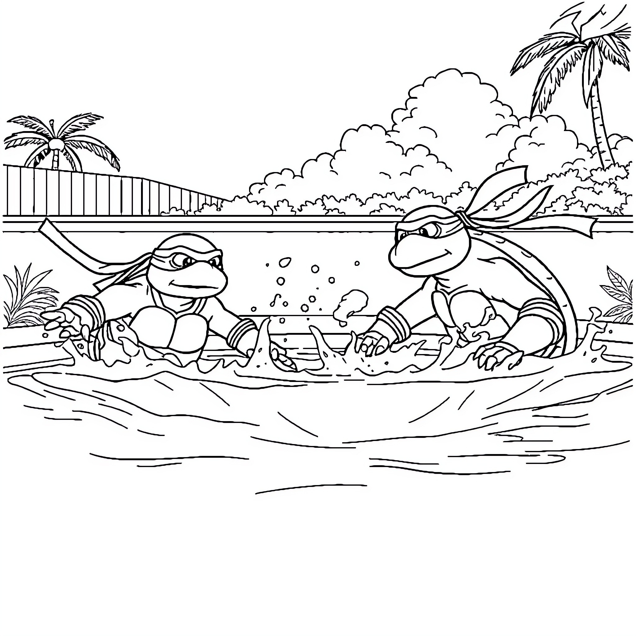 Teenage Mutant Ninja Turtles swimming in tropical waters Coloring Page (free black-and-white line drawing printable PDF for all, from beginners to advanced learners, including children, teens, adults, and seniors)
