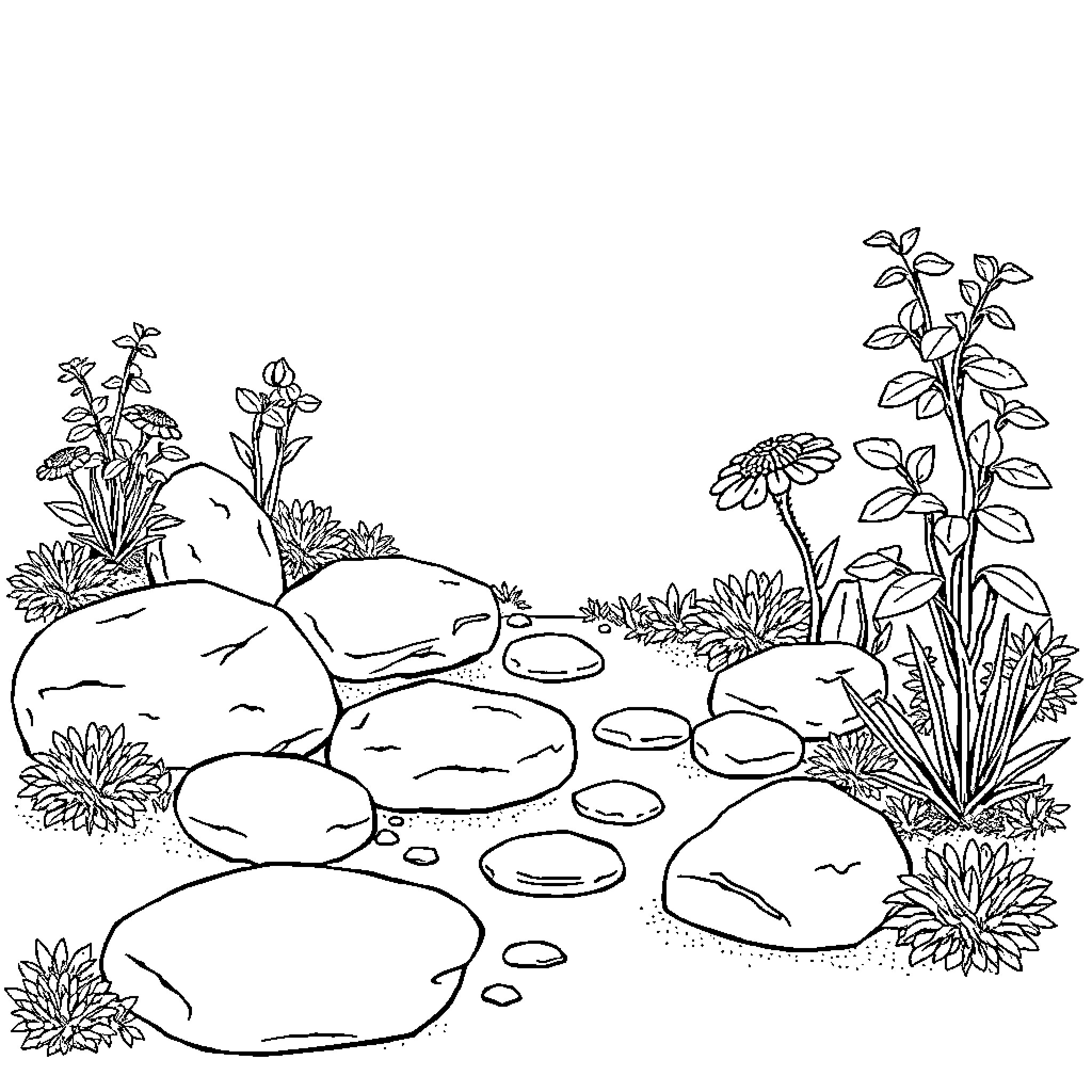 Zen Garden Serenity with Rocks and Flowers Coloring Page (free black-and-white line drawing printable PDF for all, from beginners to advanced learners, including children, teens, adults, and seniors)