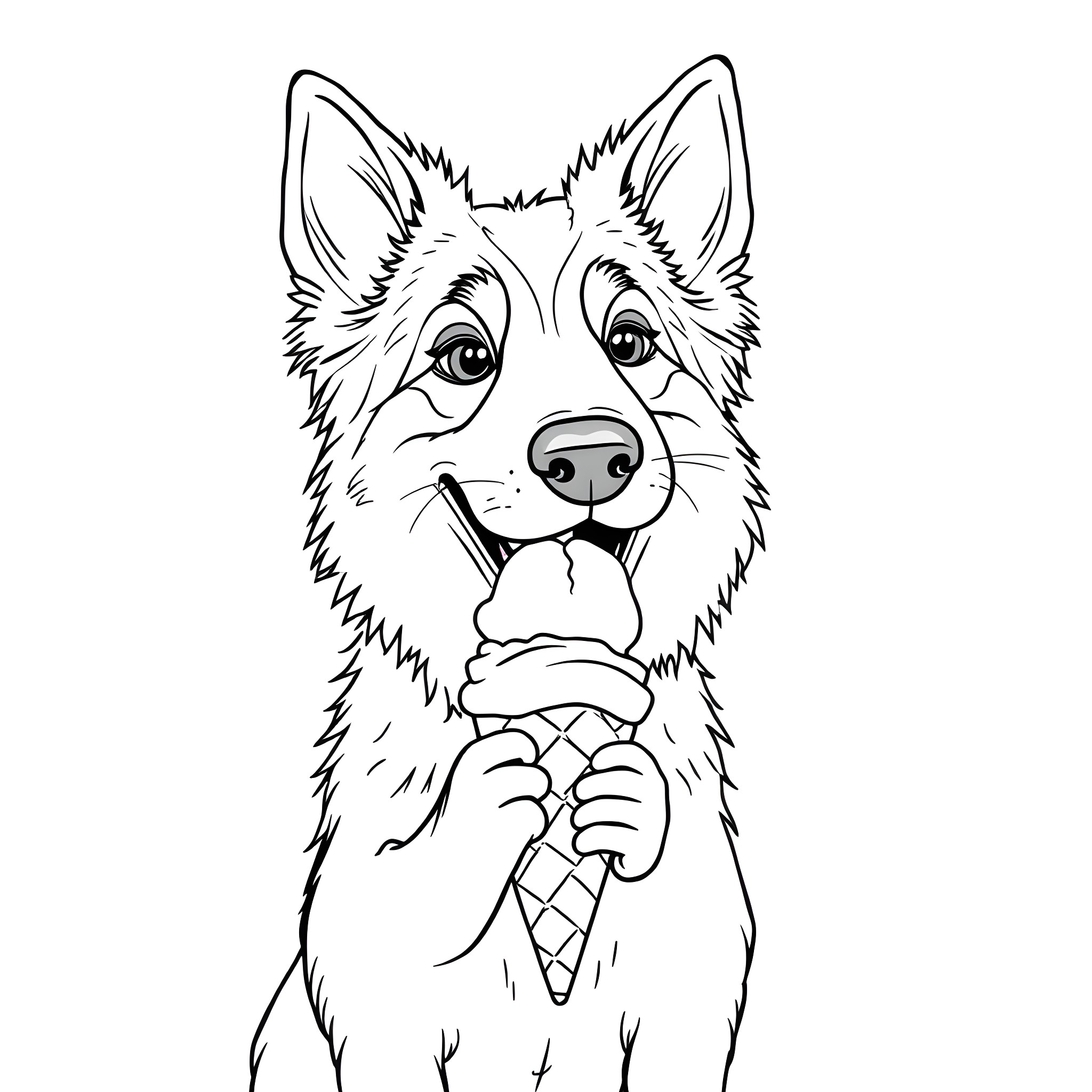Shepherd Dog Enjoying an Ice Cream Cone Coloring Page (free black-and-white line drawing printable PDF for all, from beginners to advanced learners, including children, teens, adults, and seniors)