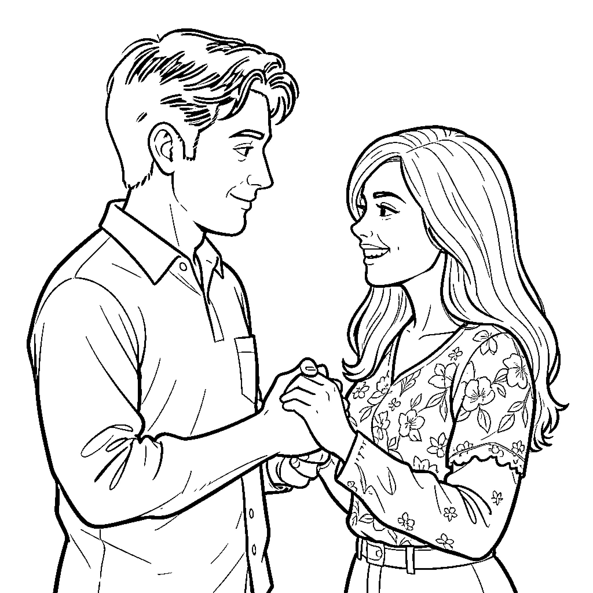 Once Young Couple Share Tender Moment Coloring Page (free black-and-white line drawing printable PDF for all, from beginners to advanced learners, including children, teens, adults, and seniors)