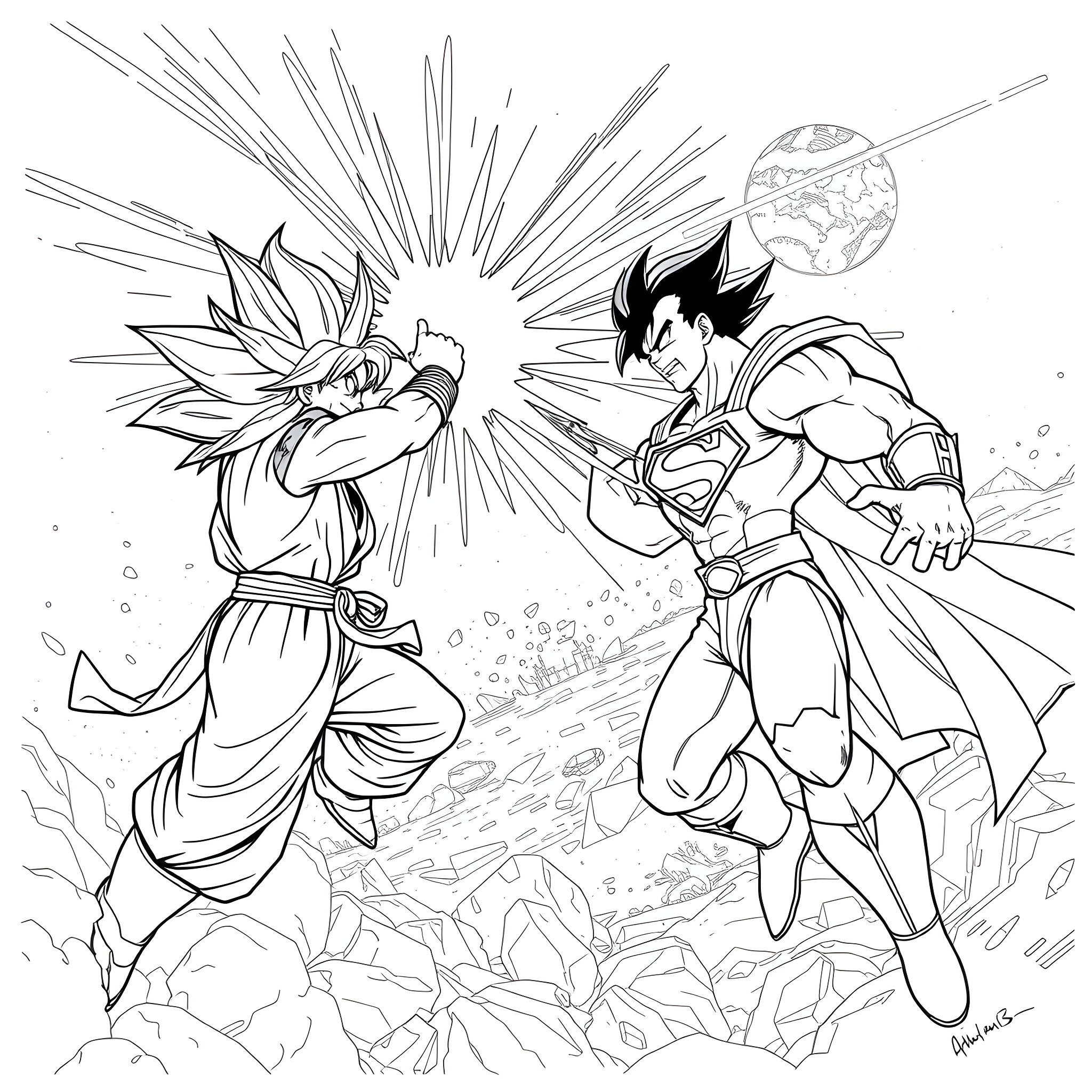 Good Battle Between Powerful Anime Characters Coloring Page (free black-and-white line drawing printable PDF for all, from beginners to advanced learners, including children, teens, adults, and seniors)