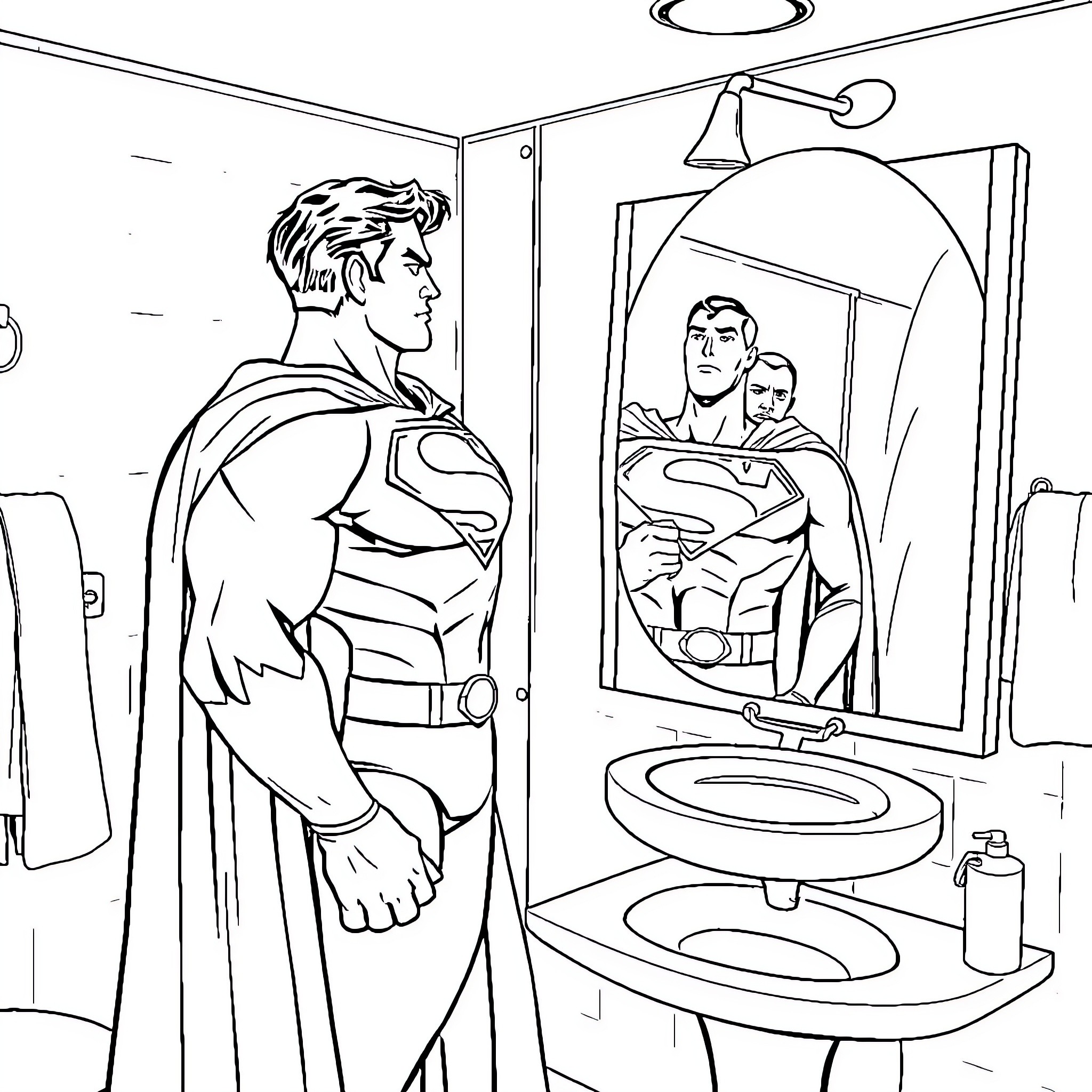 Superman admiring his heroic reflection Coloring Page (free black-and-white line drawing printable PDF for all, from beginners to advanced learners, including children, teens, adults, and seniors)