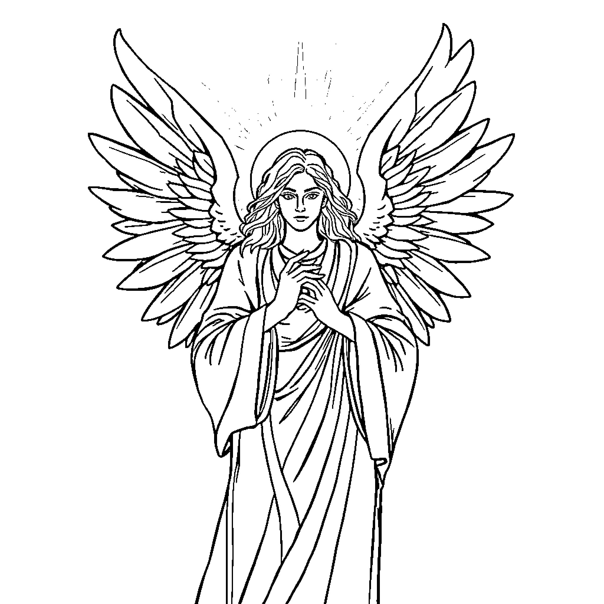 Angel with Outstretched Wings and Heavenly Glow Coloring Page (free black-and-white line drawing printable PDF for all, from beginners to advanced learners, including children, teens, adults, and seniors)