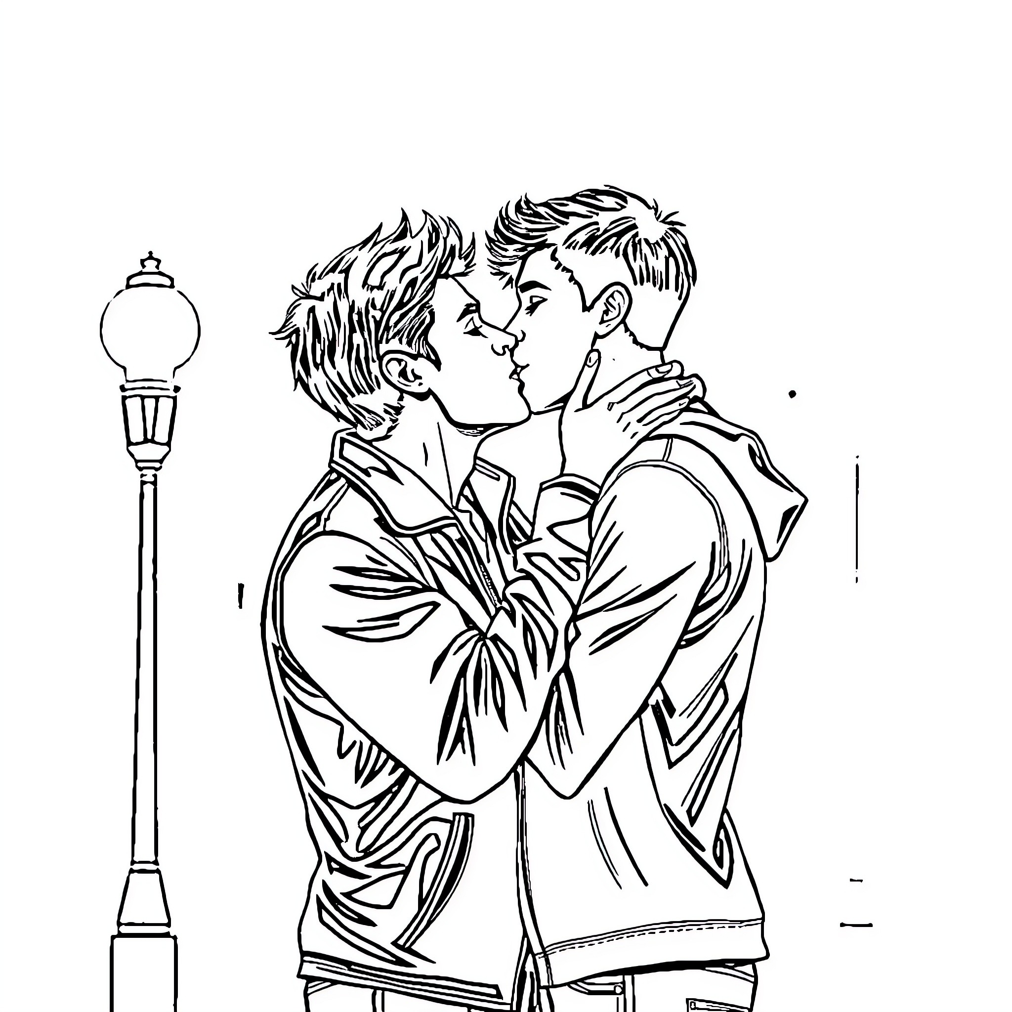 Man embracing another man on a city street Coloring Page (free black-and-white line drawing printable PDF for all, from beginners to advanced learners, including children, teens, adults, and seniors)