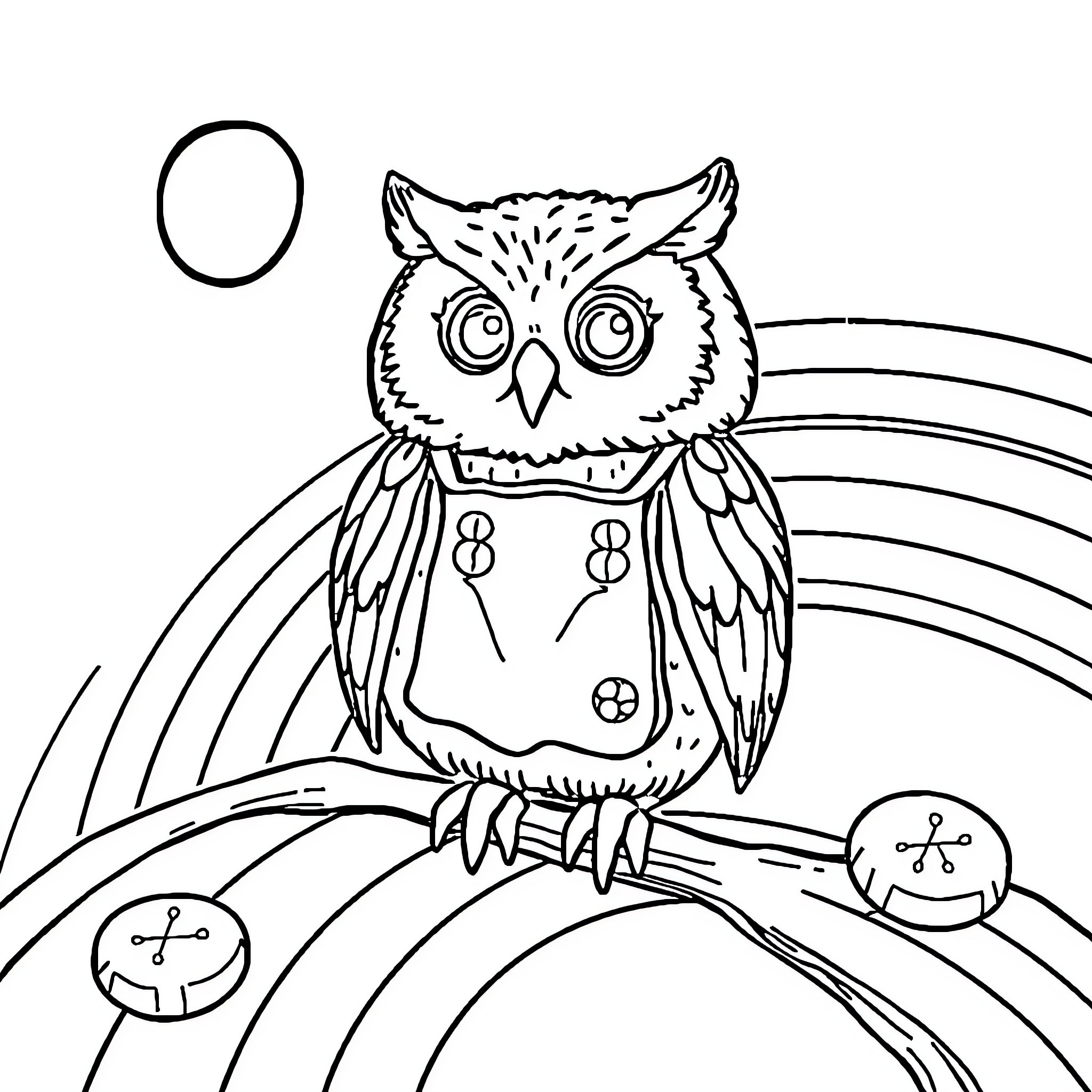 Owl adorably perched on colorful branch Coloring Page (free black-and-white line drawing printable PDF for all, from beginners to advanced learners, including children, teens, adults, and seniors)