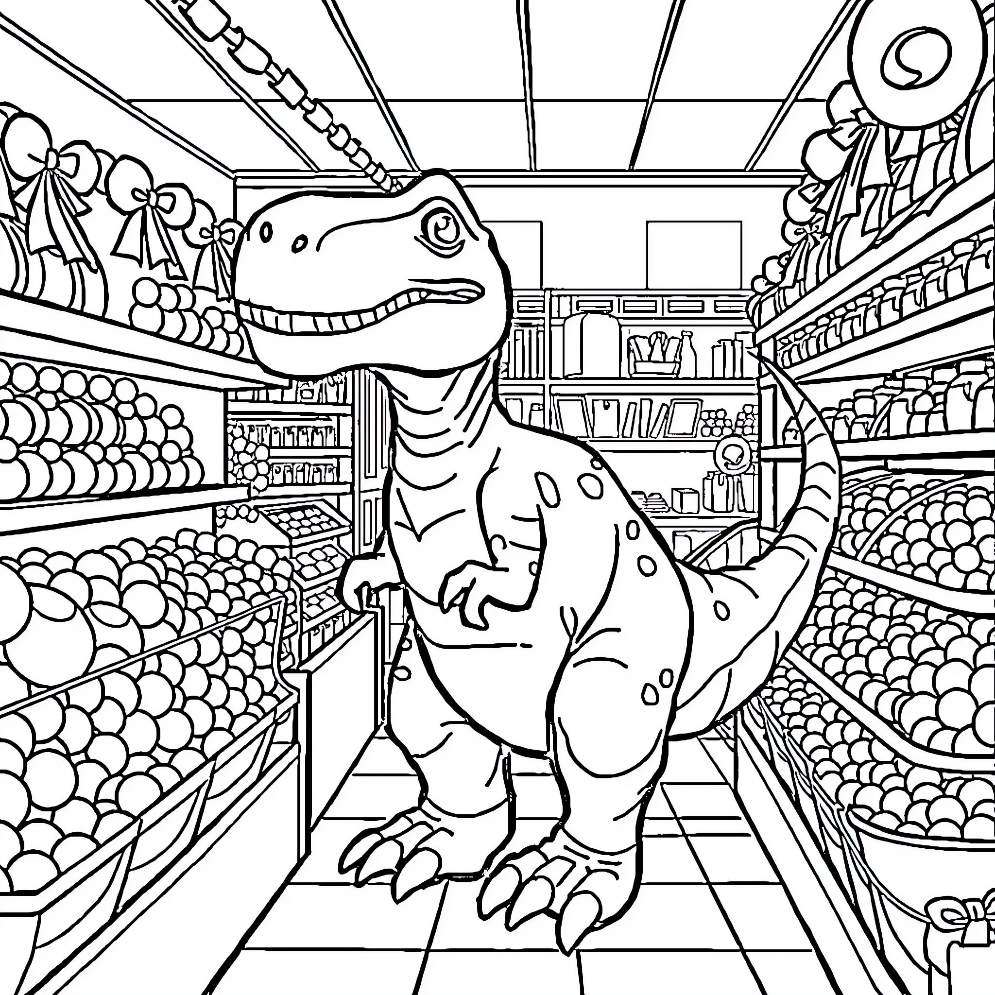 Dinosaur shopping at the grocery store Coloring Page (free black-and-white line drawing printable PDF for all, from beginners to advanced learners, including children, teens, adults, and seniors)