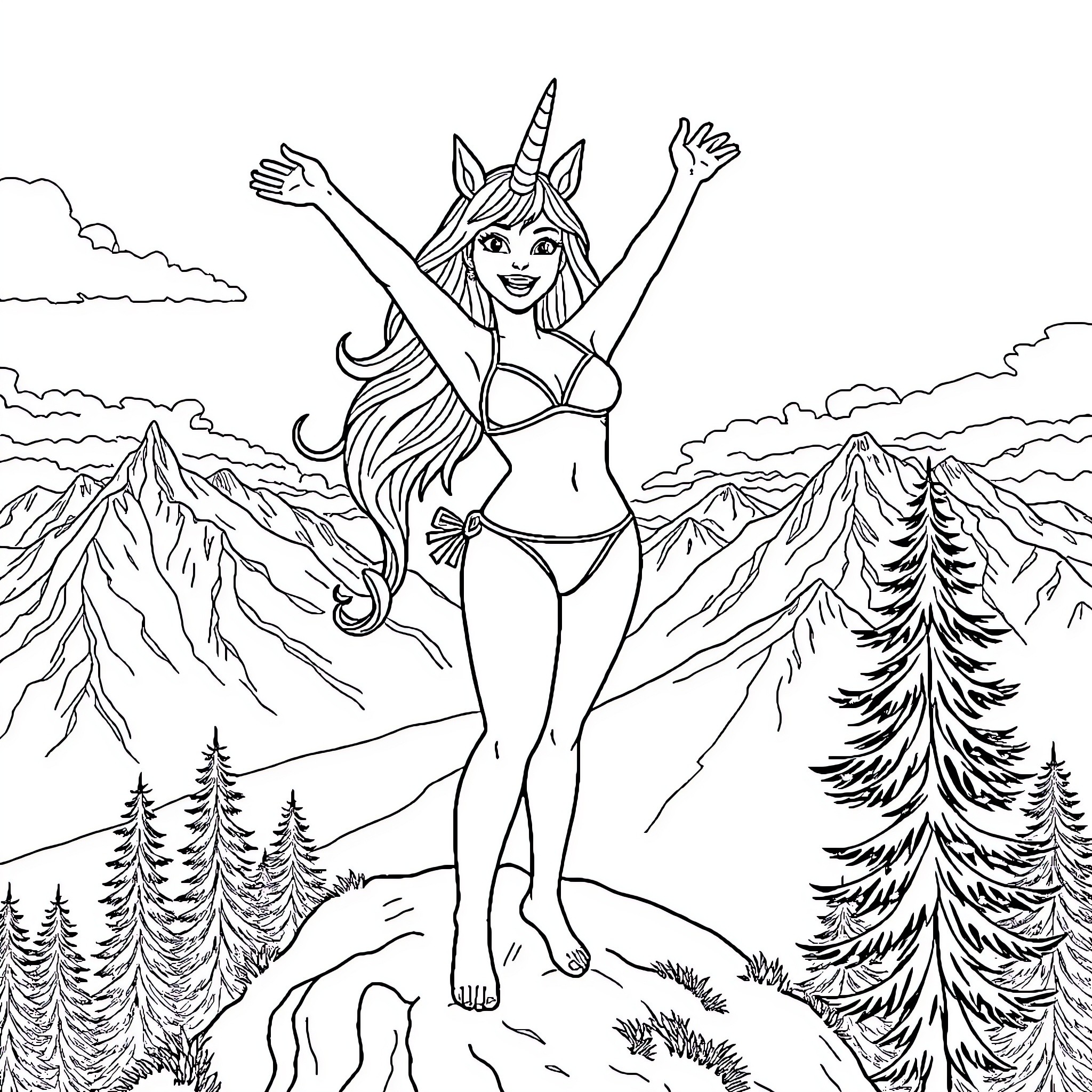 Unicorn Girl Celebrating Joyfully in the Mountains Coloring Page (free black-and-white line drawing printable PDF for all, from beginners to advanced learners, including children, teens, adults, and seniors)