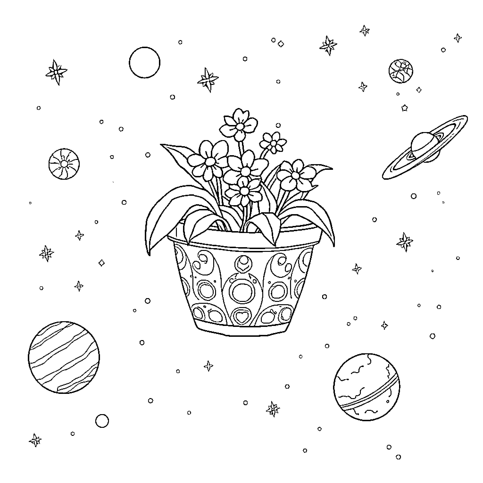 Aistophanes' Cosmic Floral Delight Coloring Page (free black-and-white line drawing printable PDF for all, from beginners to advanced learners, including children, teens, adults, and seniors)
