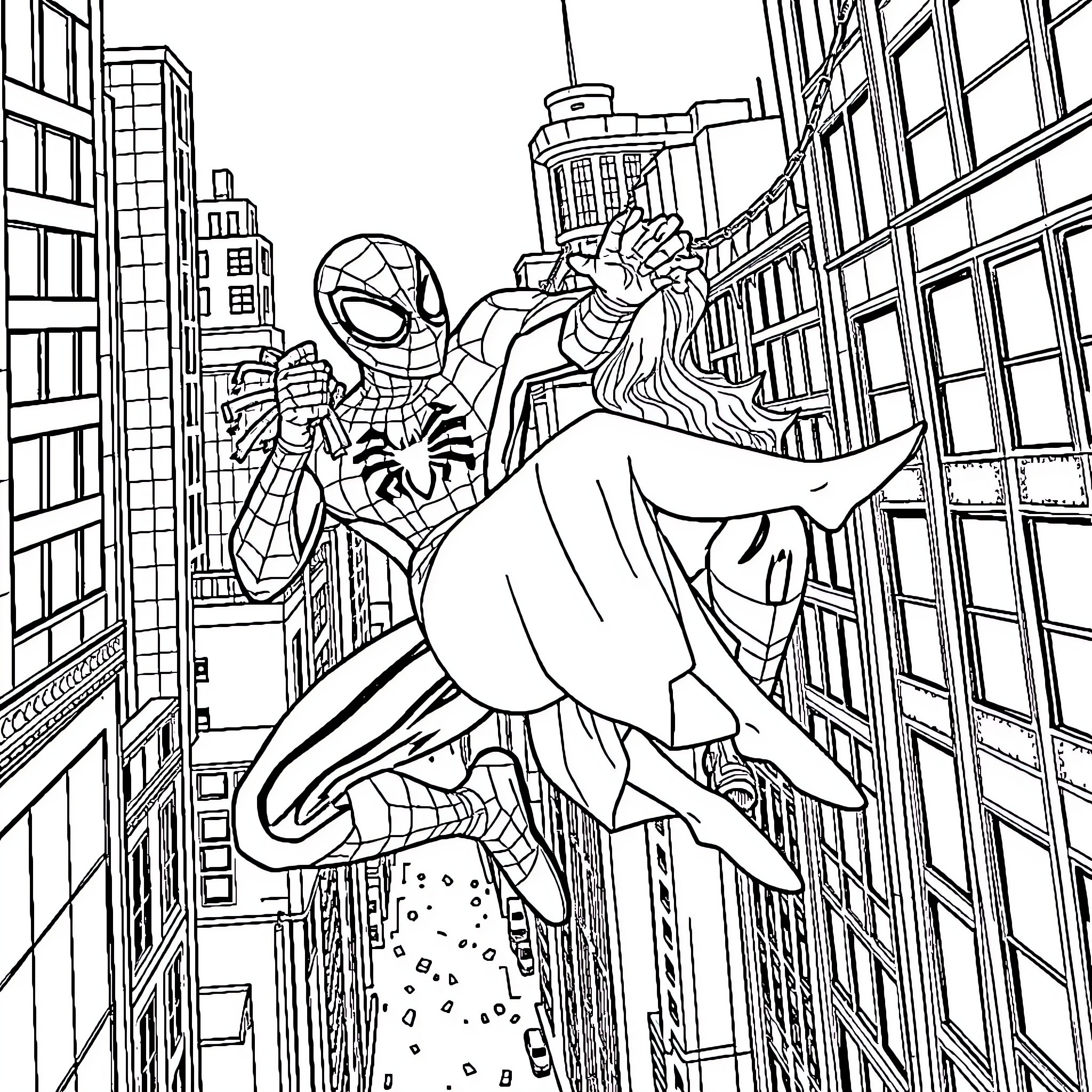 Spiderman swinging through the city skyline Coloring Page (free black-and-white line drawing printable PDF for all, from beginners to advanced learners, including children, teens, adults, and seniors)
