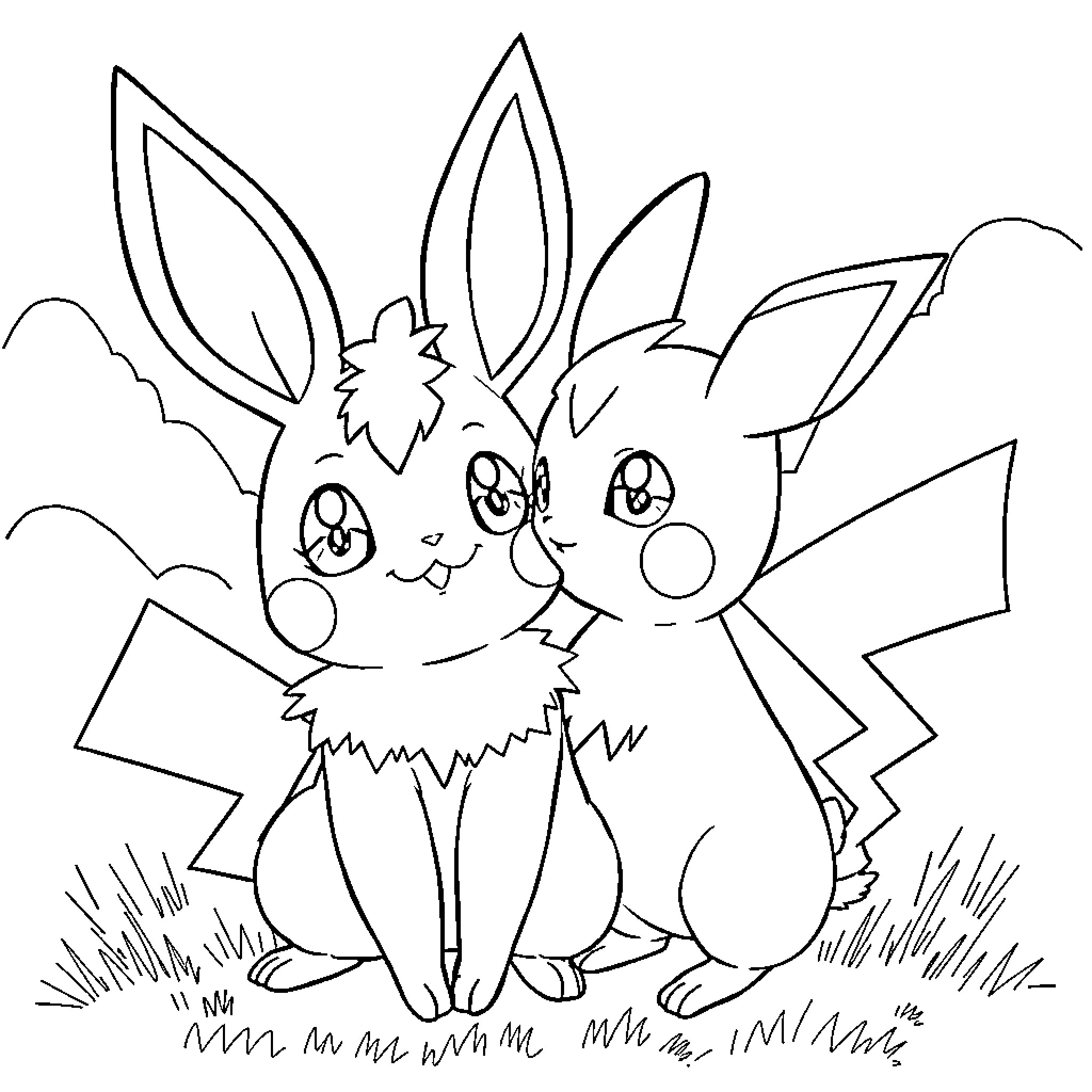 Pokémon Companions in Playful Embrace Coloring Page (free black-and-white line drawing printable PDF for all, from beginners to advanced learners, including children, teens, adults, and seniors)