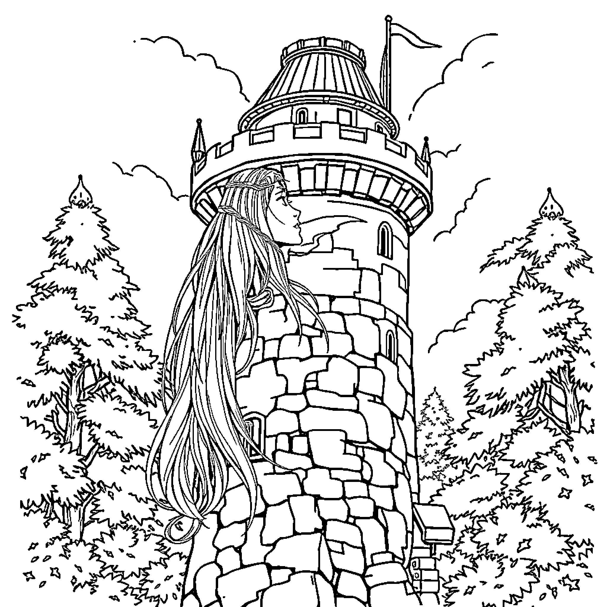 Rapunzel in her castle tower surrounded by trees Coloring Page (free black-and-white line drawing printable PDF for all, from beginners to advanced learners, including children, teens, adults, and seniors)