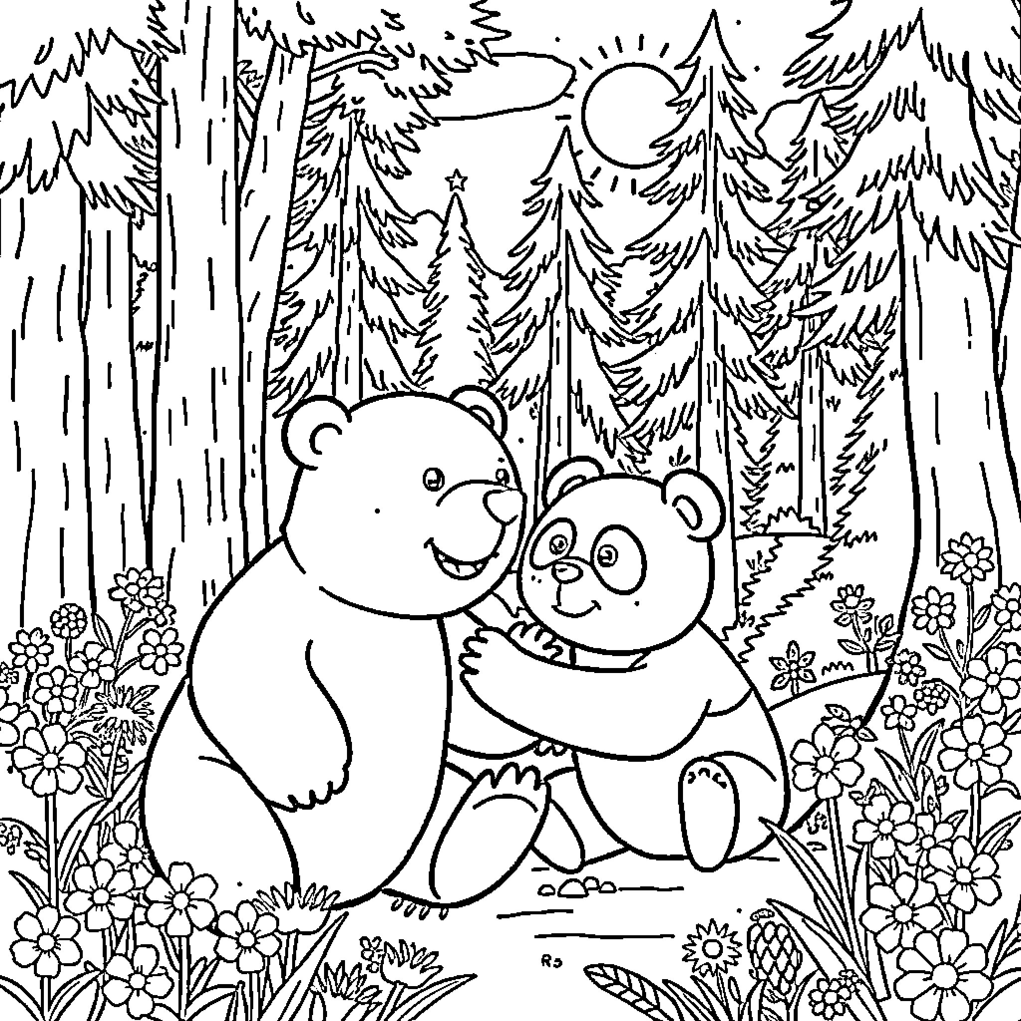 Bear friends playing in the forest Coloring Page (free black-and-white line drawing printable PDF for all, from beginners to advanced learners, including children, teens, adults, and seniors)