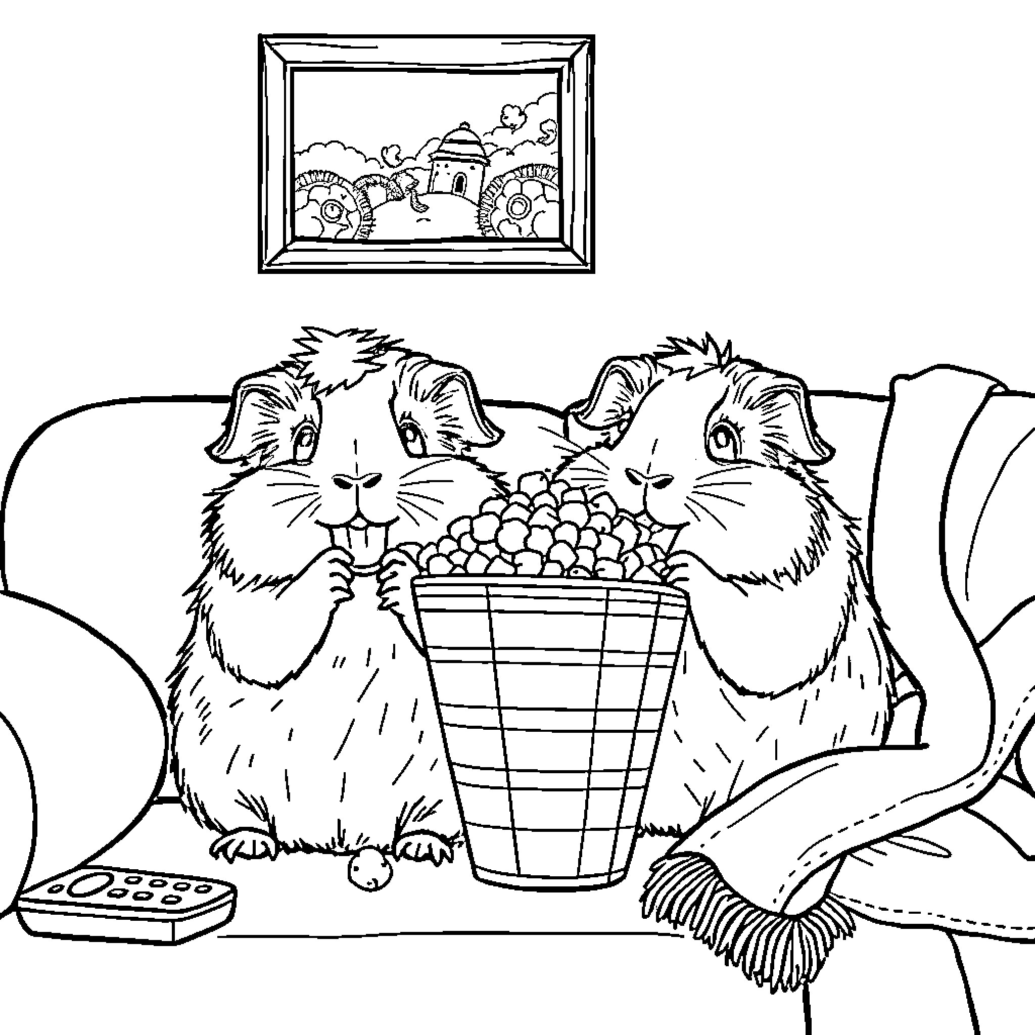 Guinea Pigs Enjoying a Basket of Treats Coloring Page (free black-and-white line drawing printable PDF for all, from beginners to advanced learners, including children, teens, adults, and seniors)