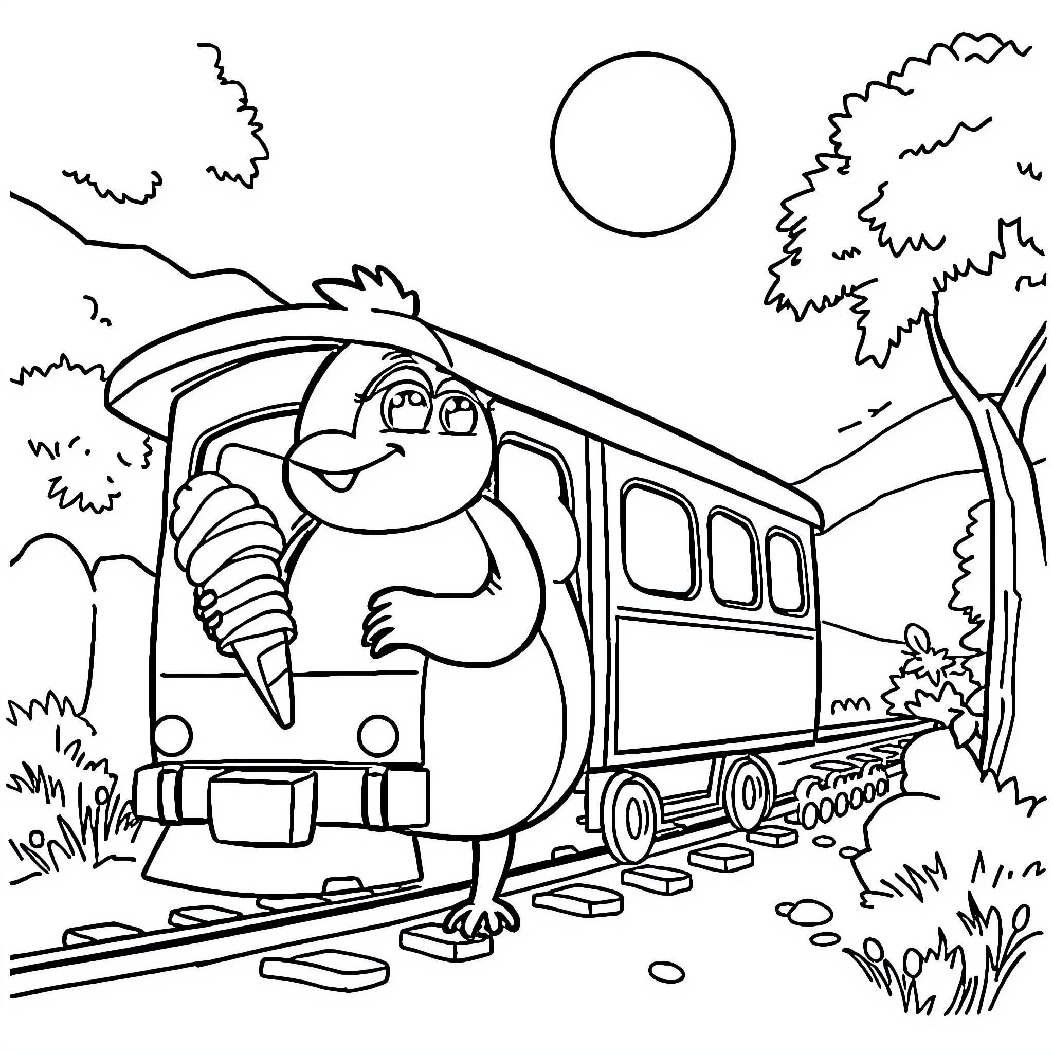 Patrol train chugging through scenic landscape Coloring Page (free black-and-white line drawing printable PDF for all, from beginners to advanced learners, including children, teens, adults, and seniors)