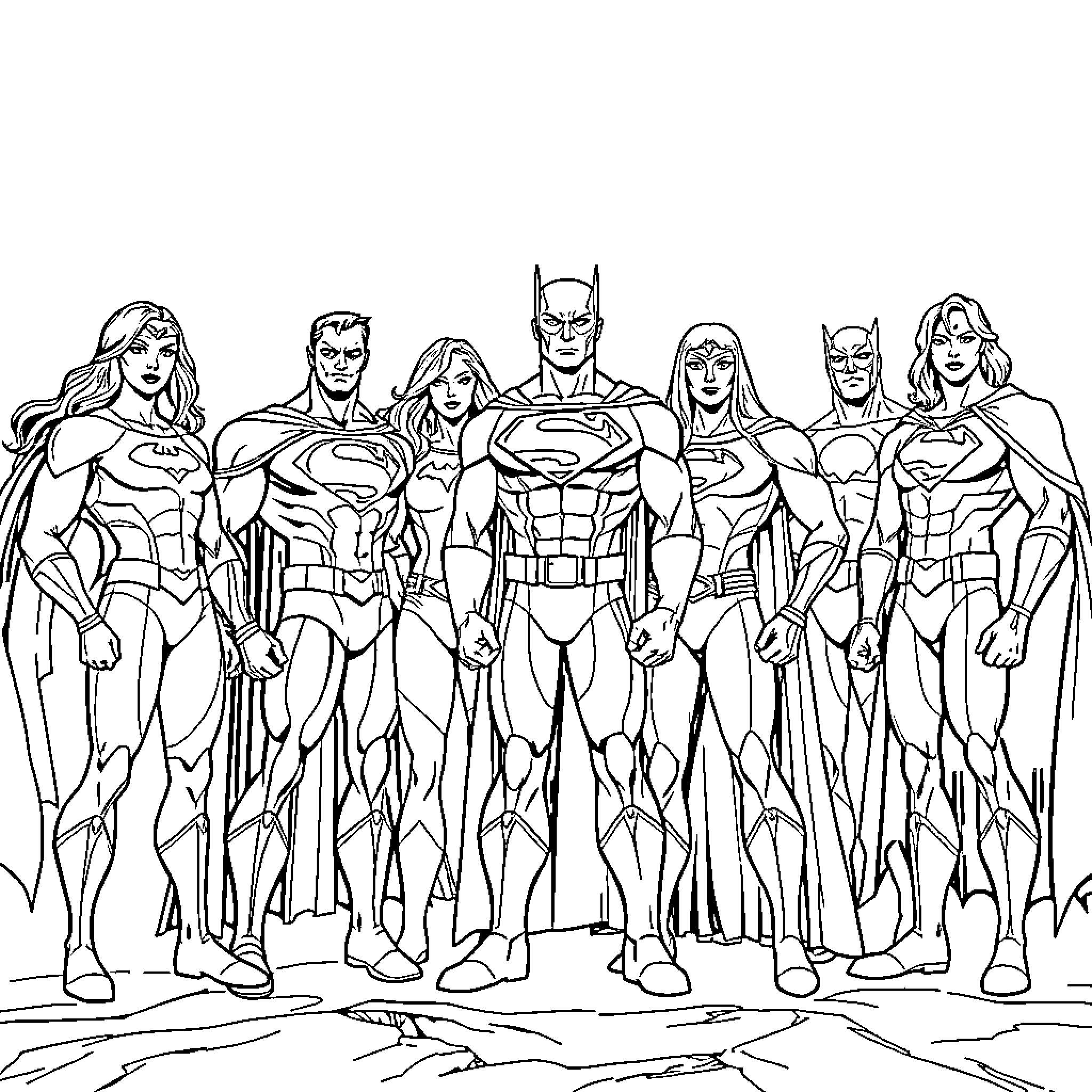 Justice League heroes in action poses Coloring Page (free black-and-white line drawing printable PDF for all, from beginners to advanced learners, including children, teens, adults, and seniors)