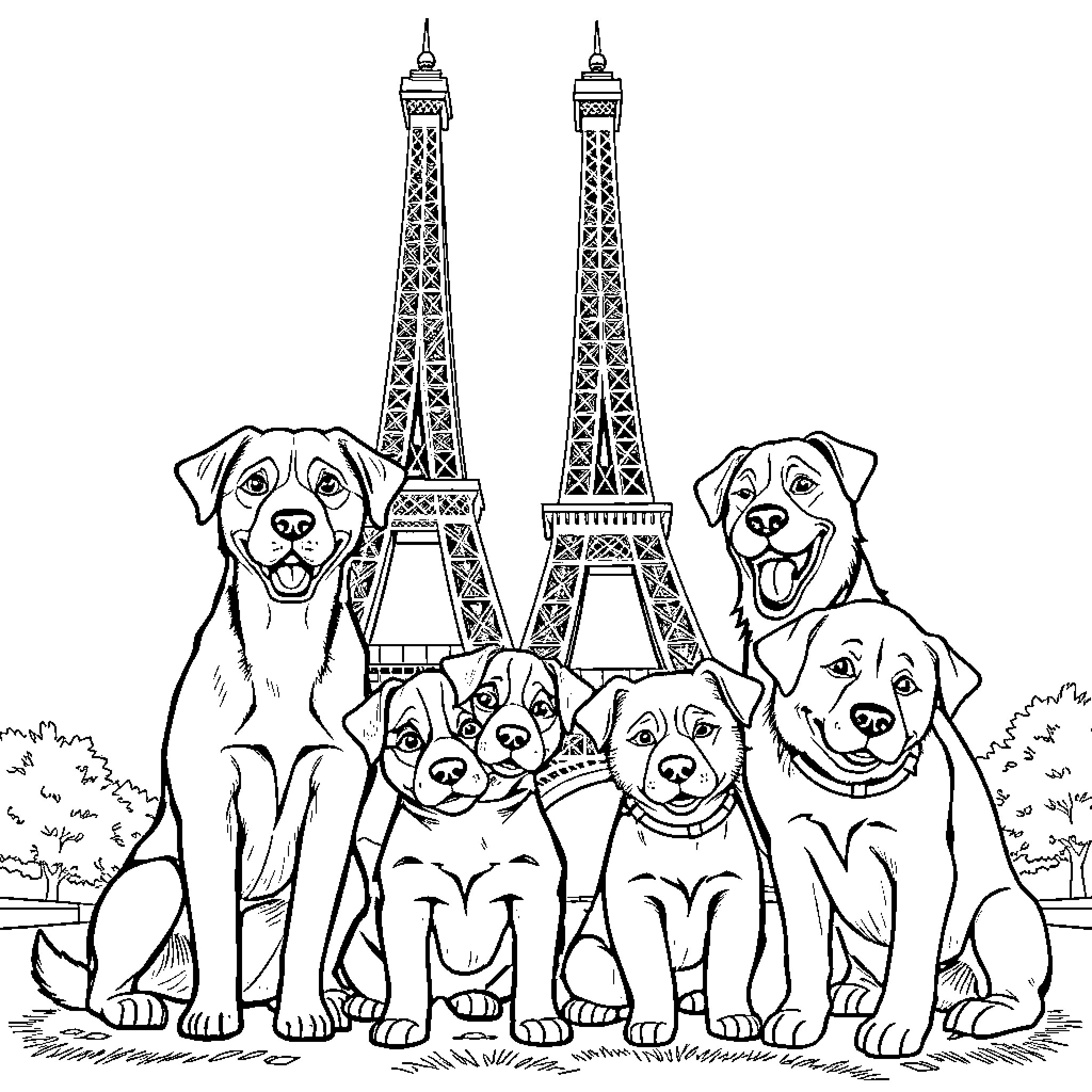 Dogs enjoying the sights of the Eiffel Tower Coloring Page (free black-and-white line drawing printable PDF for all, from beginners to advanced learners, including children, teens, adults, and seniors)