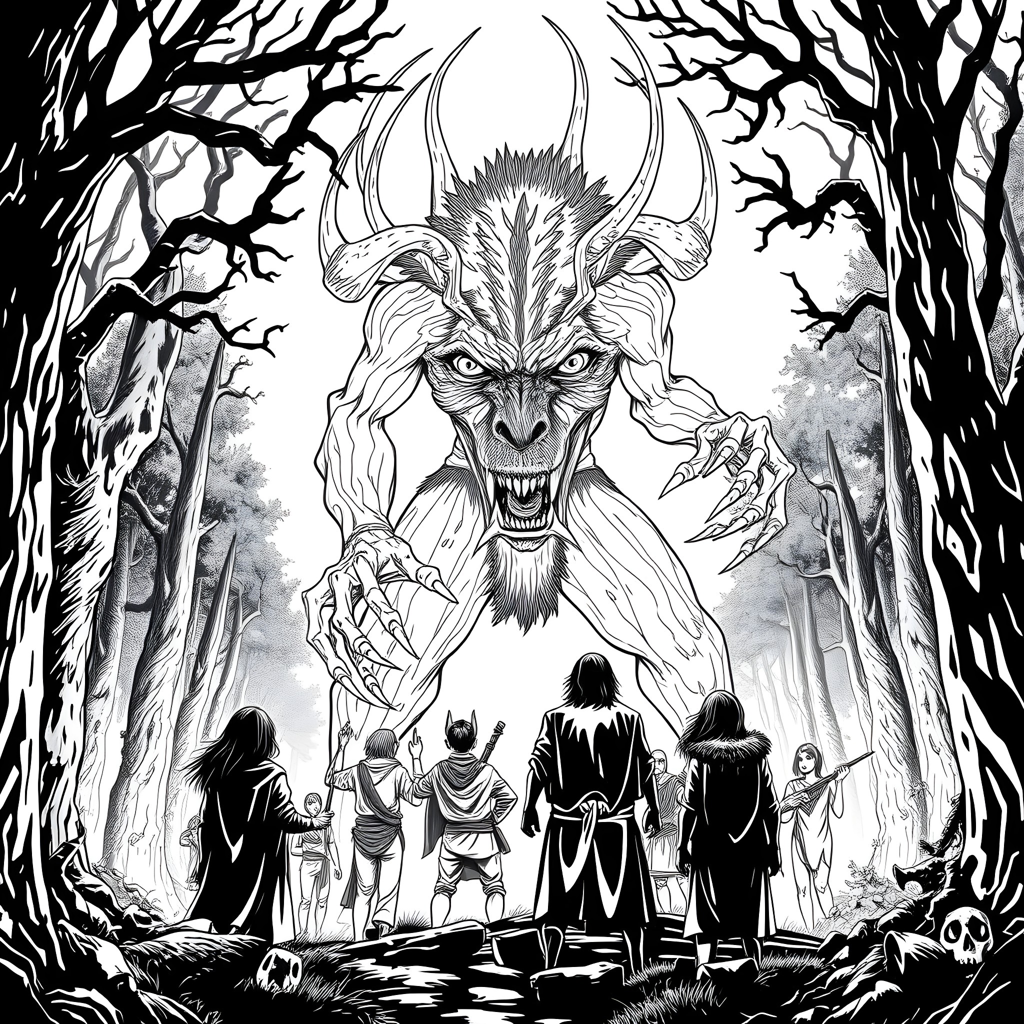 Wendigo's Ominous Presence in the Haunted Forest Coloring Page (free black-and-white line drawing printable PDF for all, from beginners to advanced learners, including children, teens, adults, and seniors)