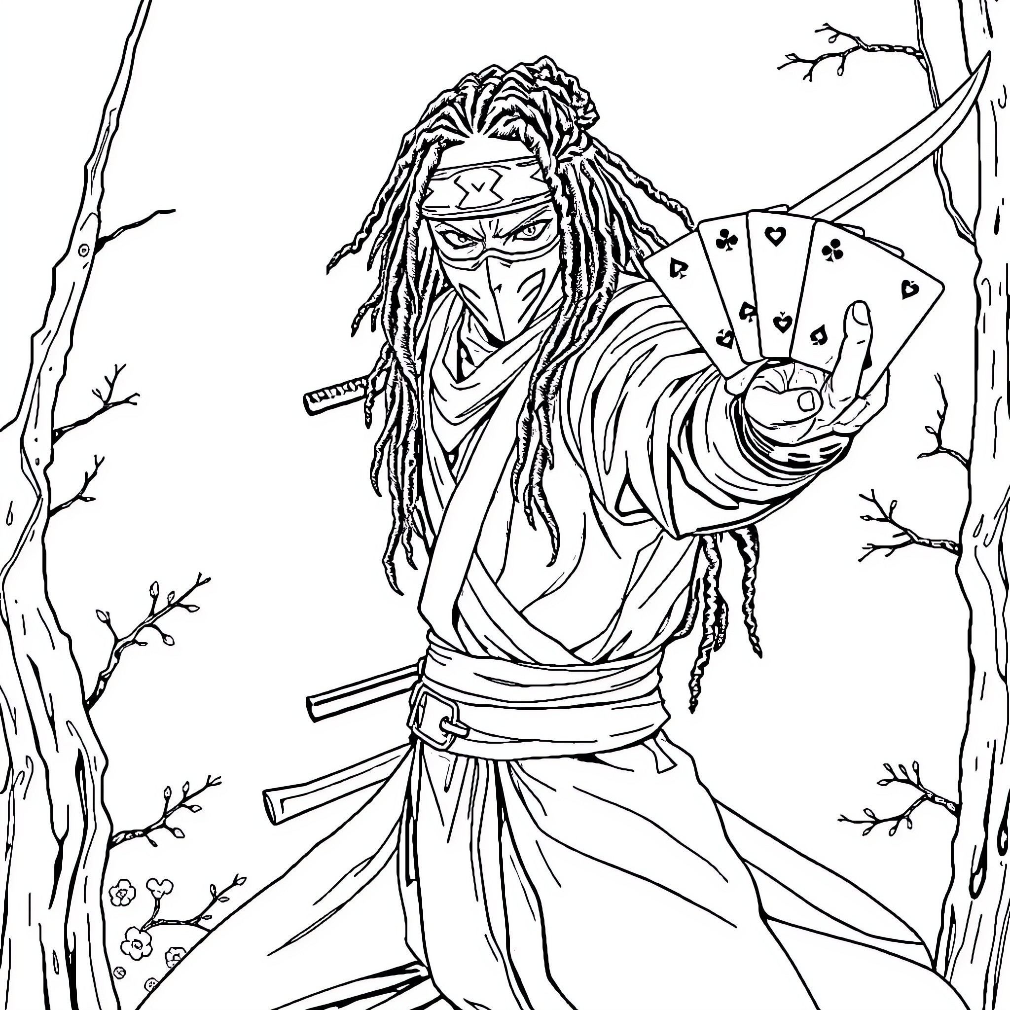 Ninja Warrior Wielding Samurai Sword in Forest Coloring Page (free black-and-white line drawing printable PDF for all, from beginners to advanced learners, including children, teens, adults, and seniors)