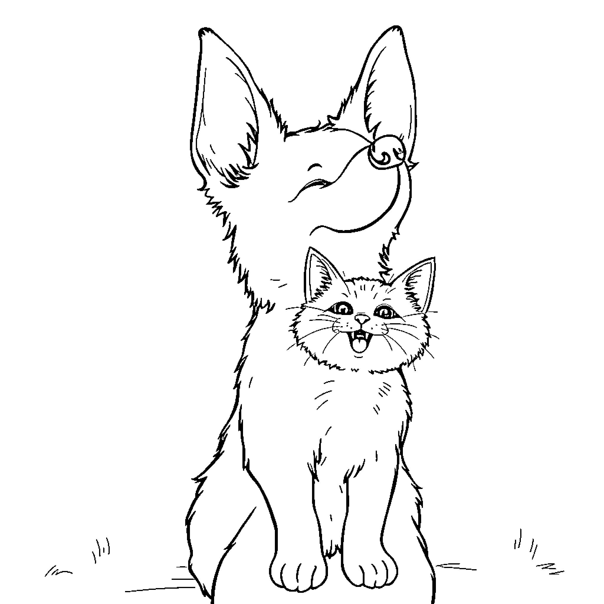 Dog and cat sharing a playful moment Coloring Page (free black-and-white line drawing printable PDF for all, from beginners to advanced learners, including children, teens, adults, and seniors)