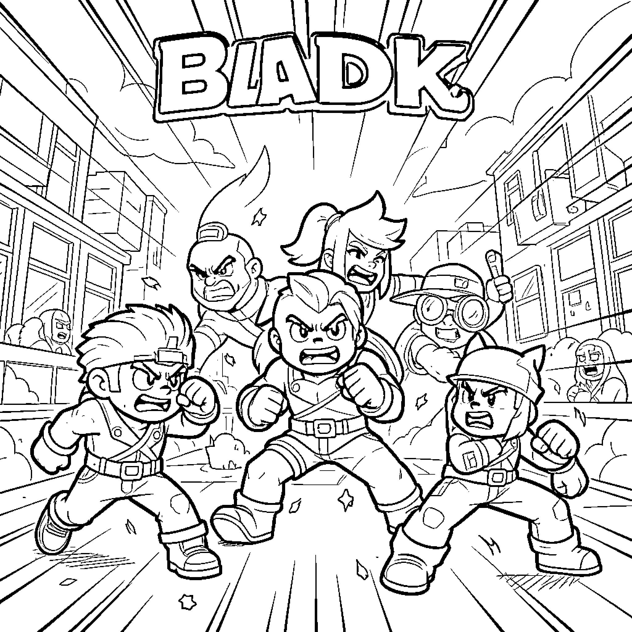 Brawl Stars Chaotic Encounter in the City Coloring Page (free black-and-white line drawing printable PDF for all, from beginners to advanced learners, including children, teens, adults, and seniors)