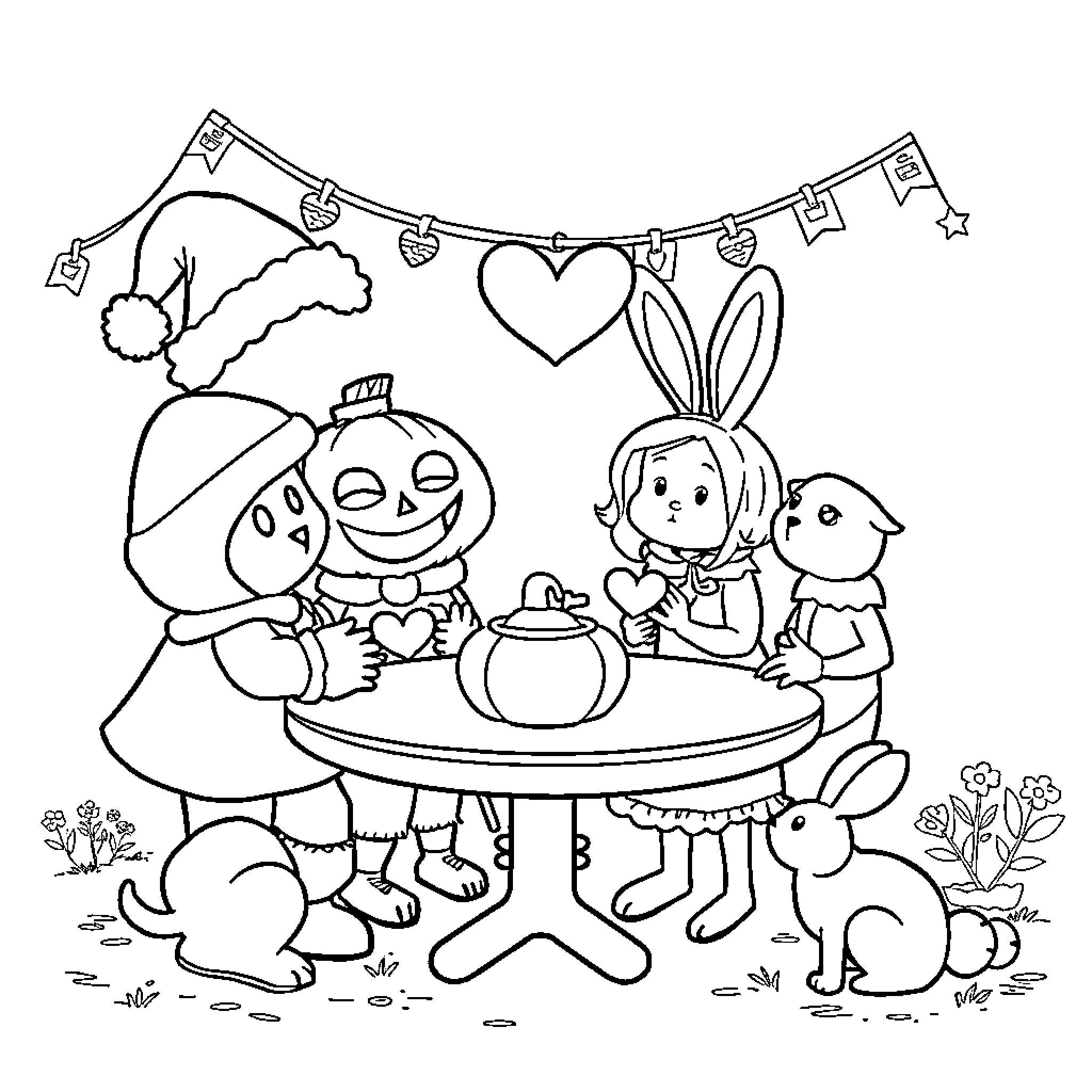 Holiday celebration with friends and festive decor Coloring Page (free black-and-white line drawing printable PDF for all, from beginners to advanced learners, including children, teens, adults, and seniors)