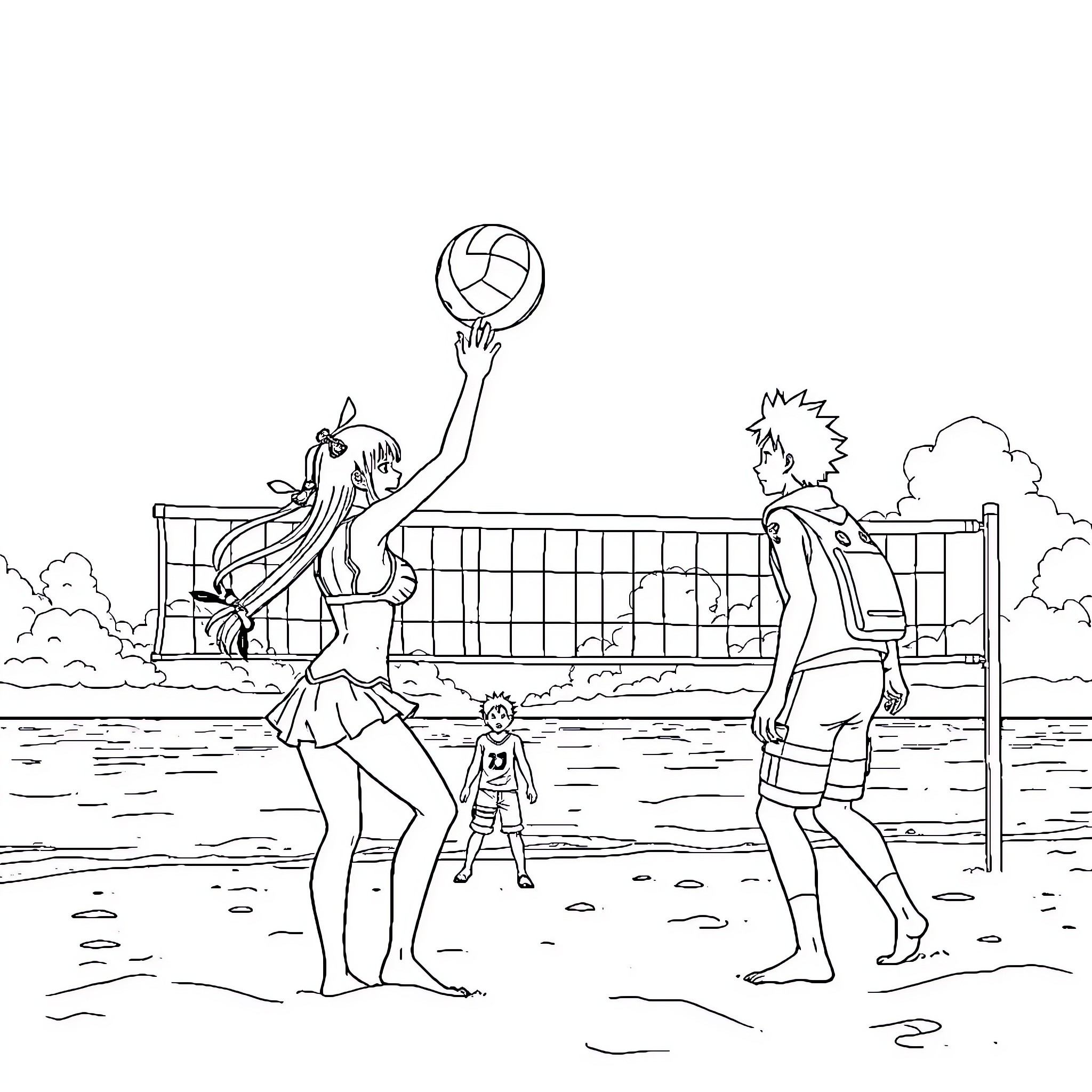 Hinata and friends playing volleyball by the beach Coloring Page (free black-and-white line drawing printable PDF for all, from beginners to advanced learners, including children, teens, adults, and seniors)