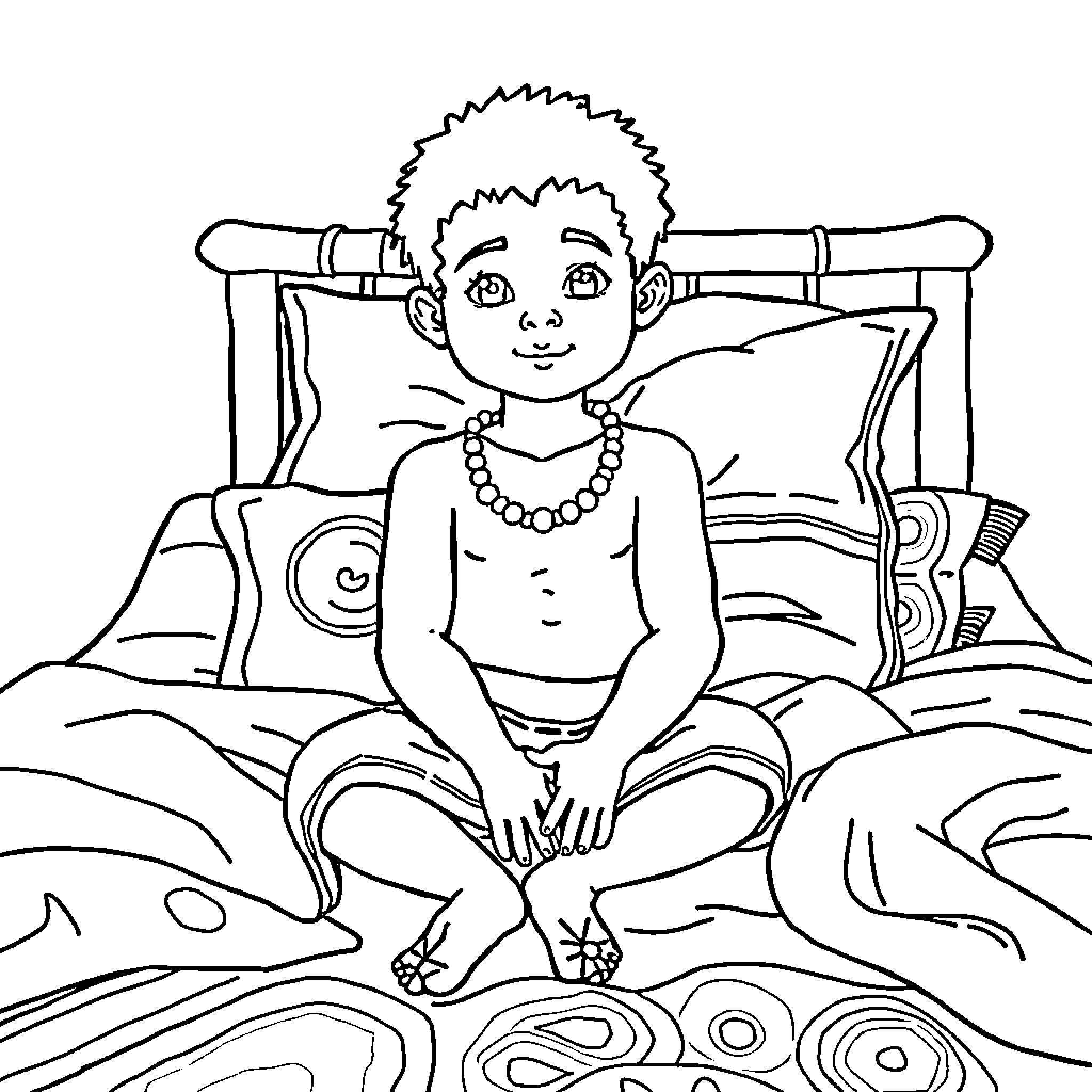Boy sitting on bed with patterned blanket Coloring Page (free black-and-white line drawing printable PDF for all, from beginners to advanced learners, including children, teens, adults, and seniors)