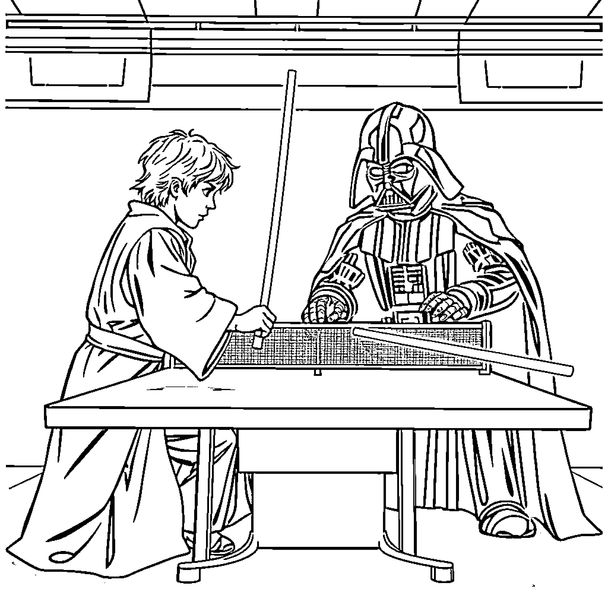 Luke Skywalker and Darth Vader play table tennis Coloring Page (free black-and-white line drawing printable PDF for all, from beginners to advanced learners, including children, teens, adults, and seniors)