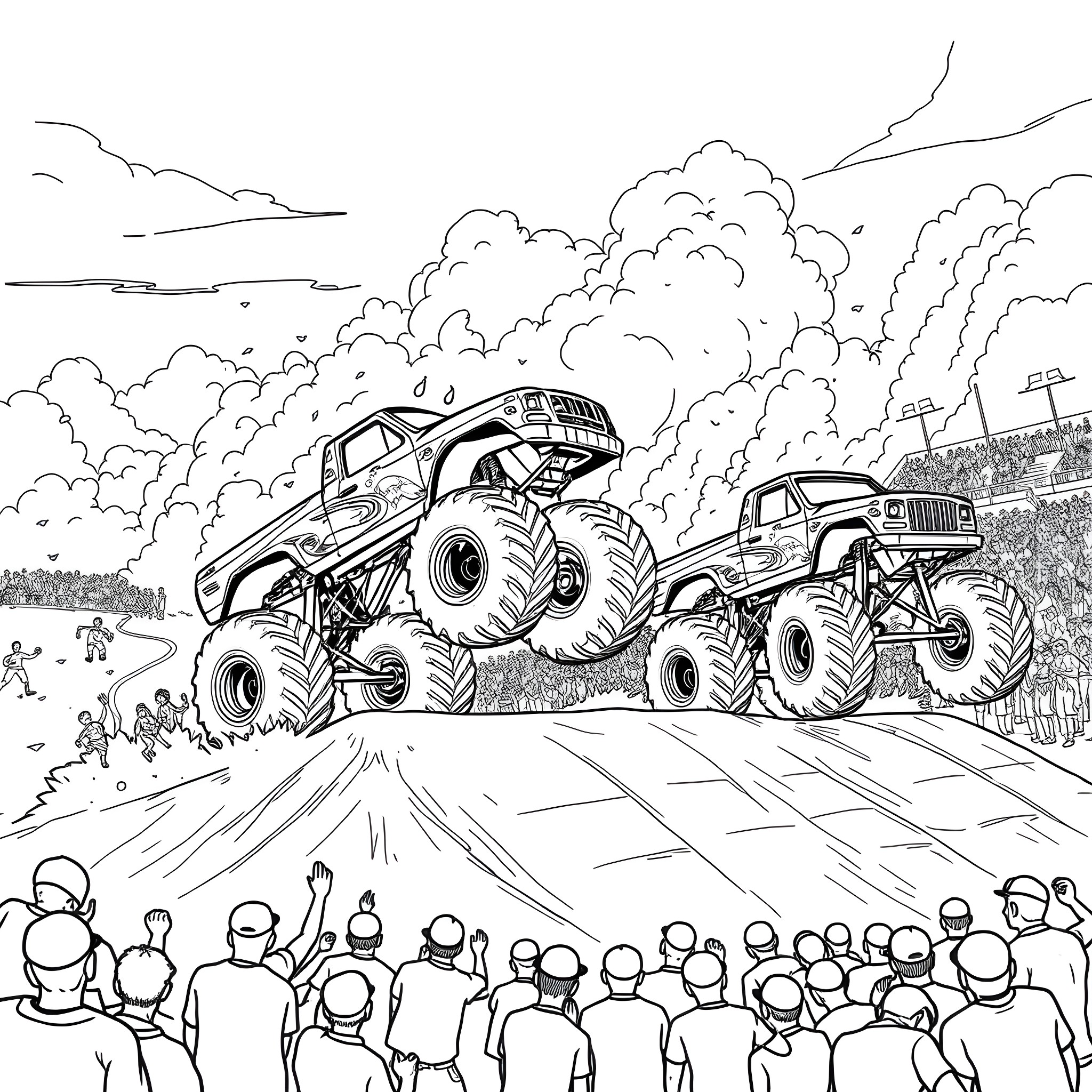 Monster trucks racing through an action-packed scene Coloring Page (free black-and-white line drawing printable PDF for all, from beginners to advanced learners, including children, teens, adults, and seniors)