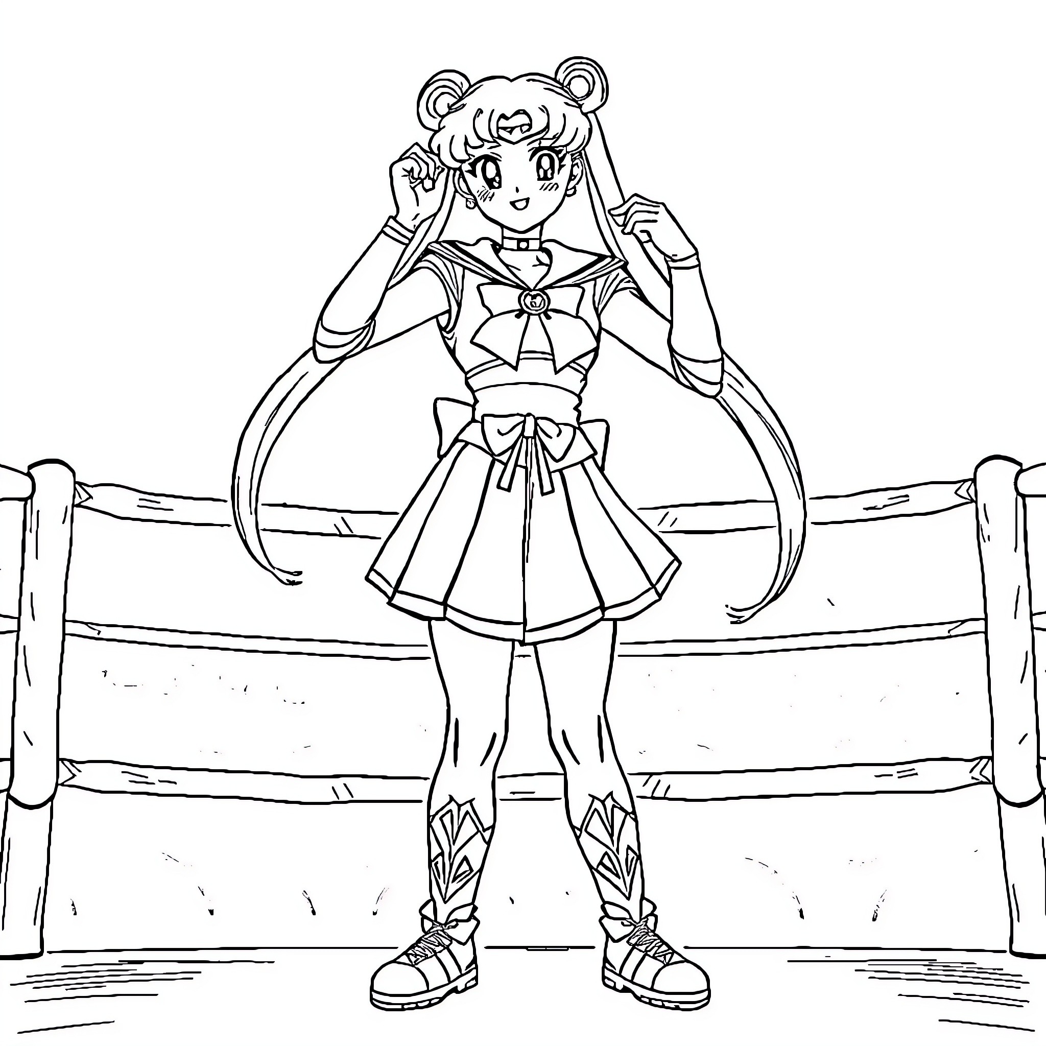 Sailor Moon Protagonist Posing Confidently Coloring Page (free black-and-white line drawing printable PDF for all, from beginners to advanced learners, including children, teens, adults, and seniors)