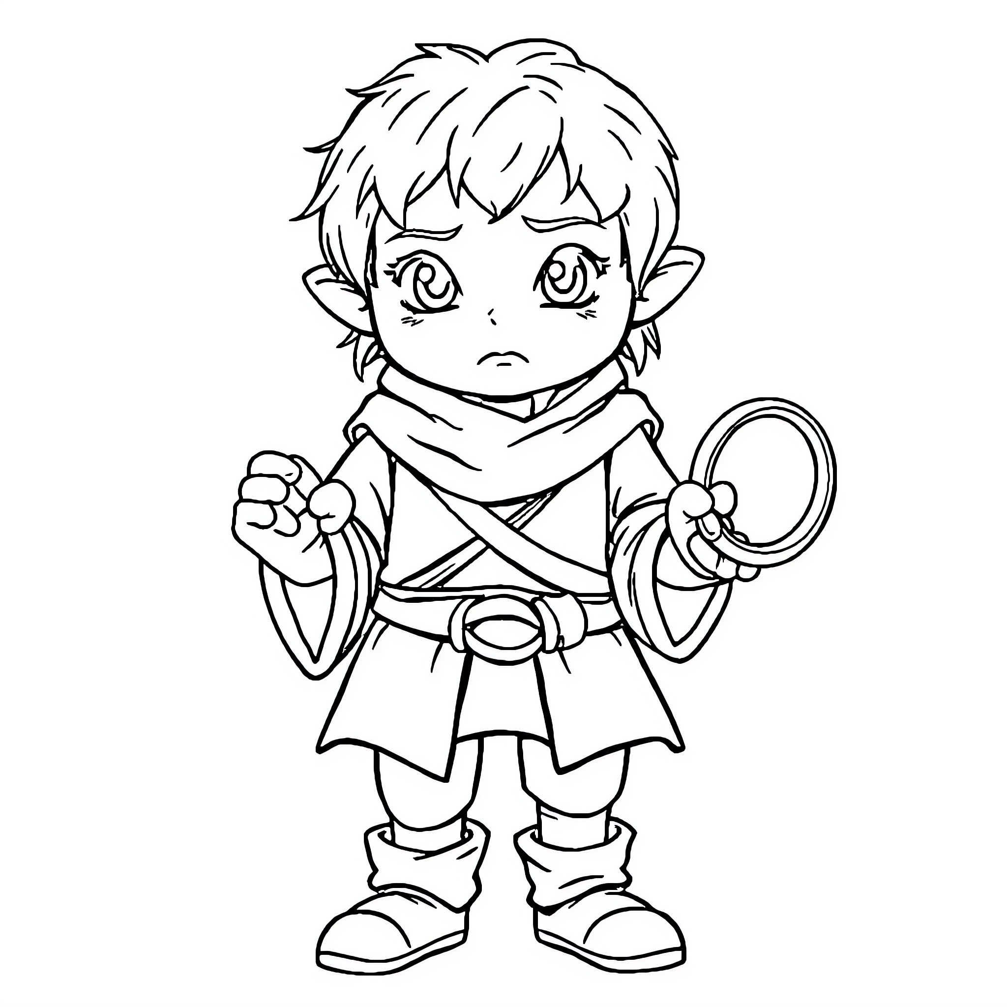 Frodo on an adventure with sword and shield Coloring Page (free black-and-white line drawing printable PDF for all, from beginners to advanced learners, including children, teens, adults, and seniors)