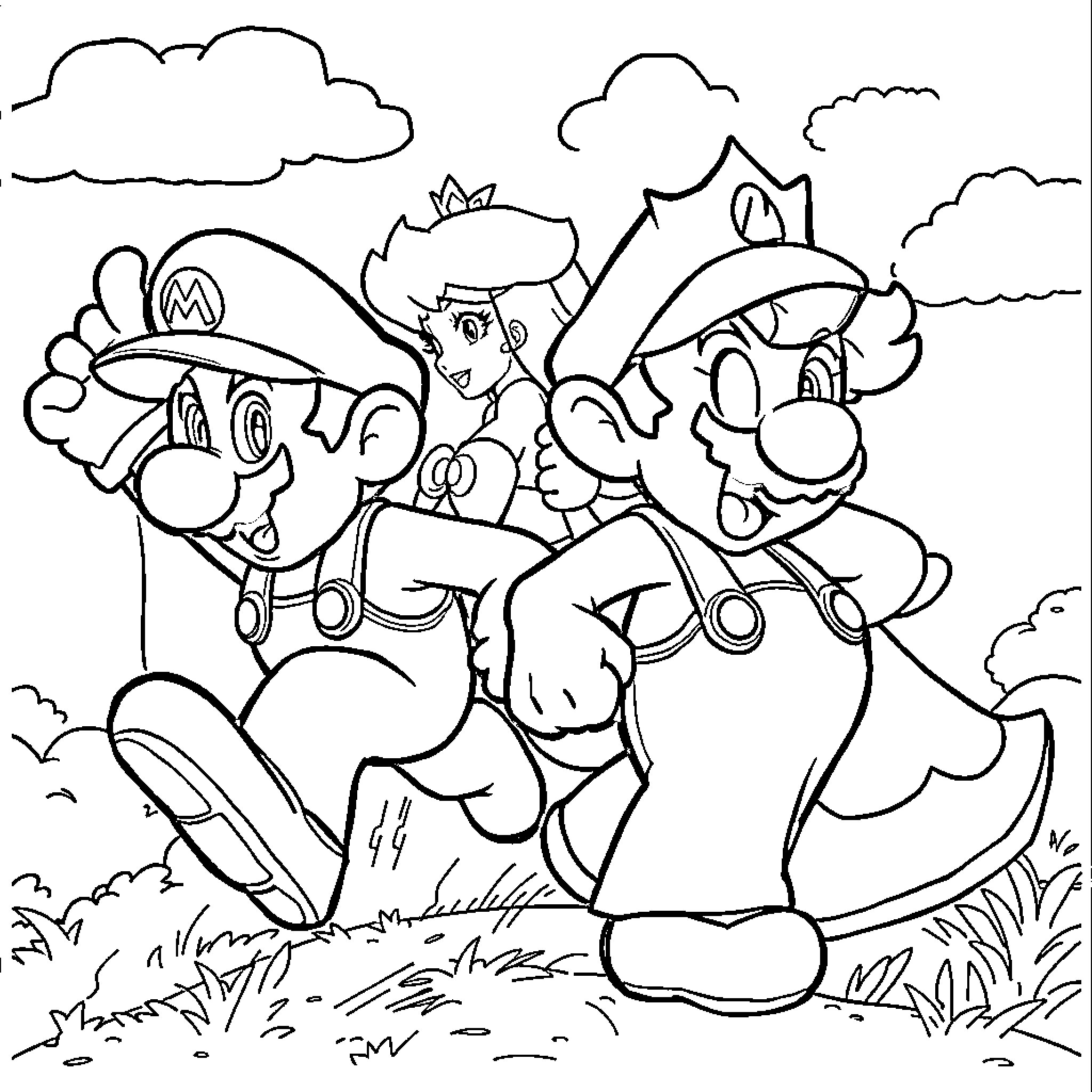 Super Mario Brothers on an Adventure Coloring Page (free black-and-white line drawing printable PDF for all, from beginners to advanced learners, including children, teens, adults, and seniors)