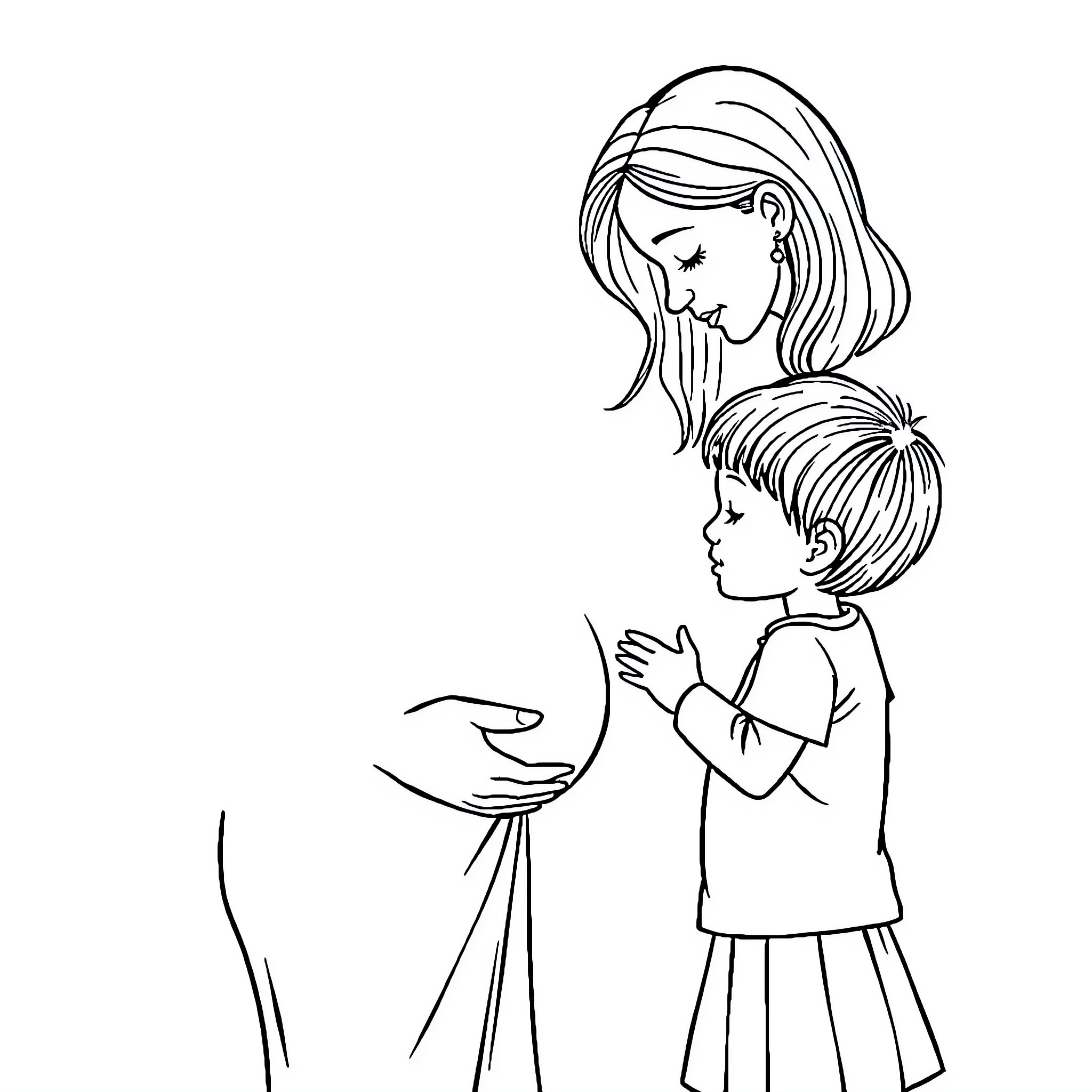 Mother comforting her child Coloring Page (free black-and-white line drawing printable PDF for all, from beginners to advanced learners, including children, teens, adults, and seniors)
