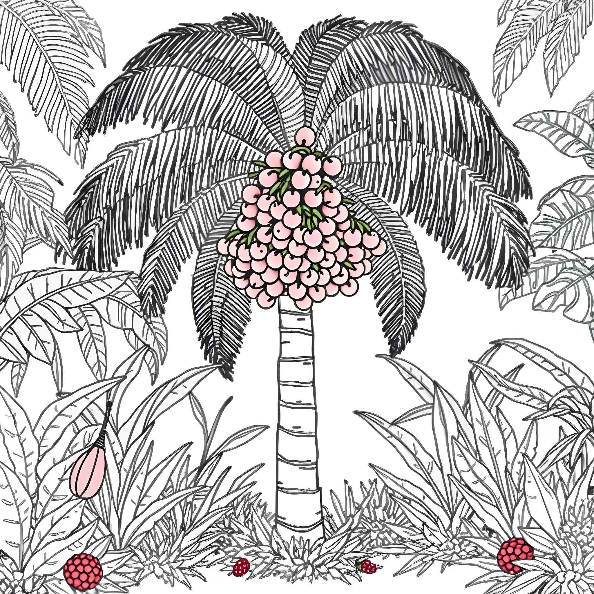 Açaí Fruit in a lush tropical garden Coloring Page (free black-and-white line drawing printable PDF for all, from beginners to advanced learners, including children, teens, adults, and seniors)