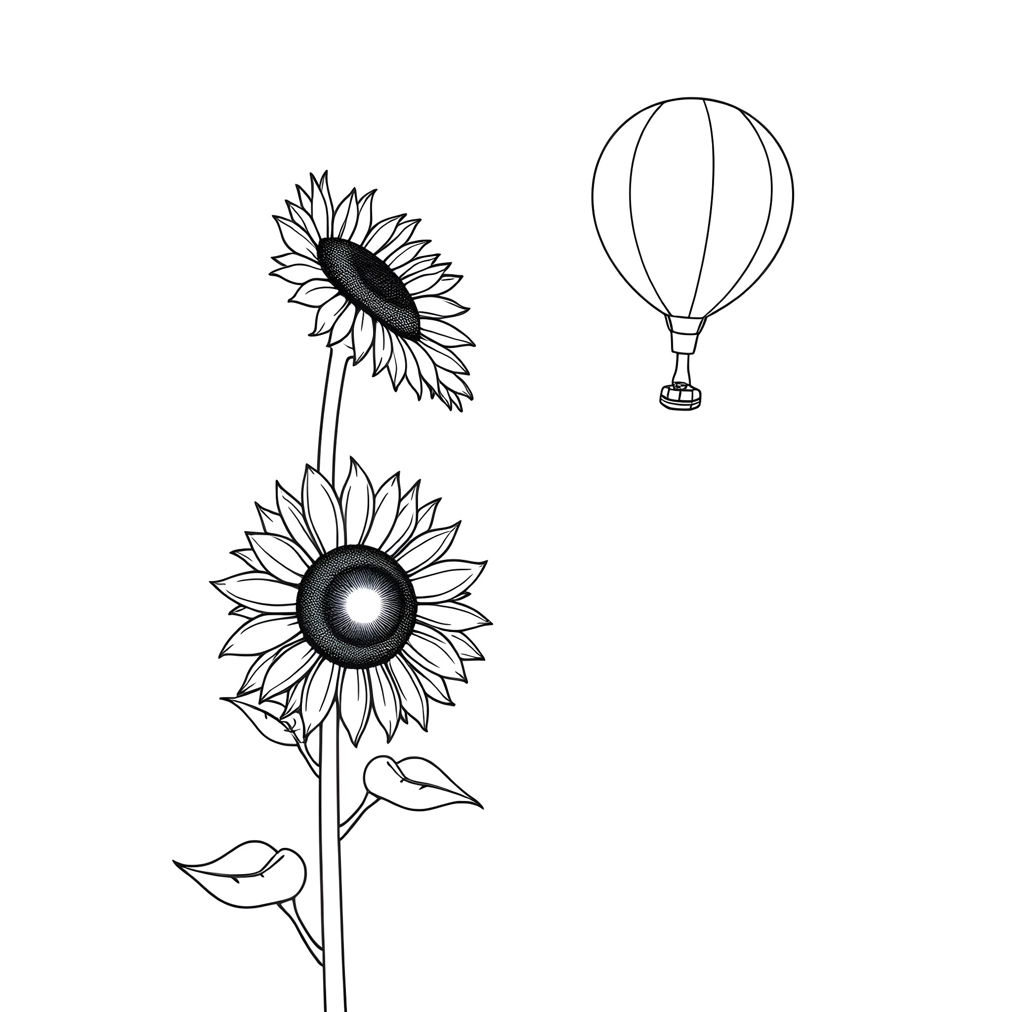 Sunflowers and a Hot Air Balloon Coloring Page (free black-and-white line drawing printable PDF for all, from beginners to advanced learners, including children, teens, adults, and seniors)