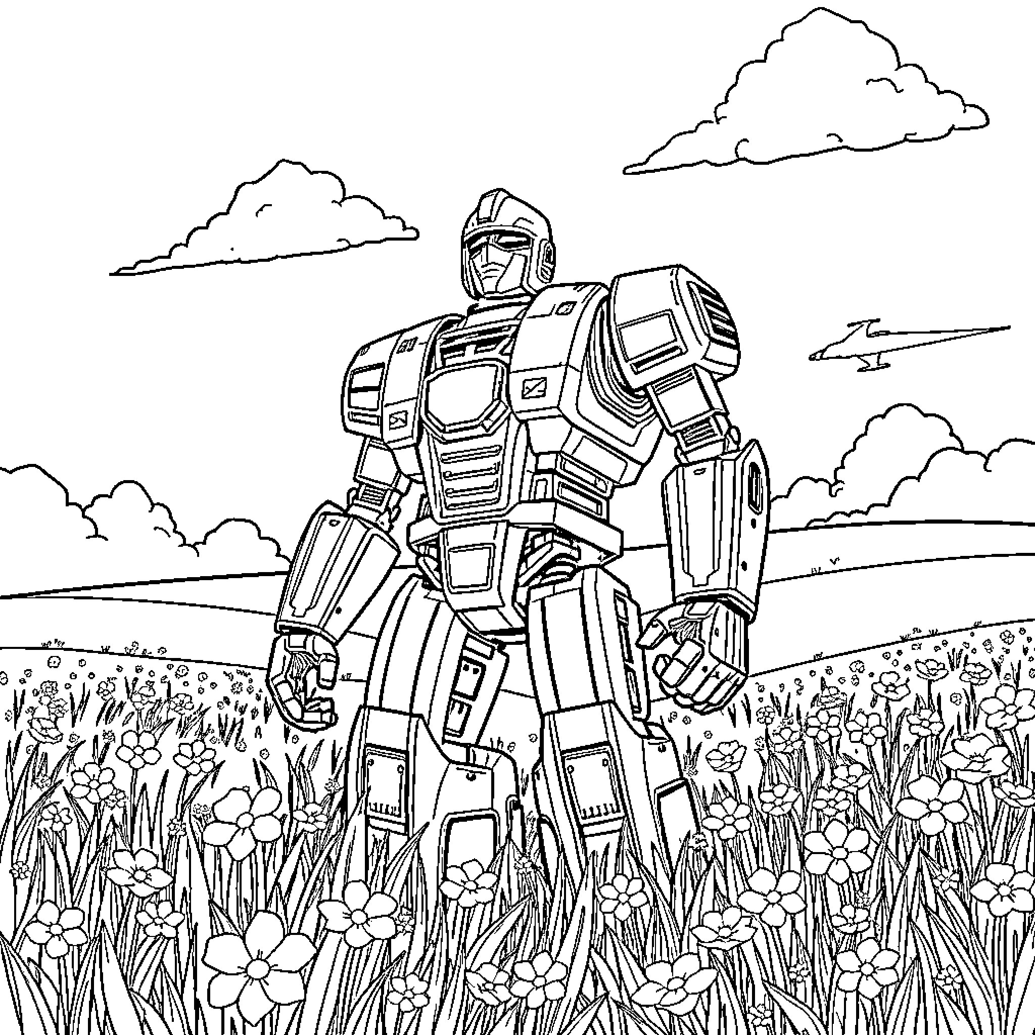 Goldorak walking through the meadow Coloring Page (free black-and-white line drawing printable PDF for all, from beginners to advanced learners, including children, teens, adults, and seniors)
