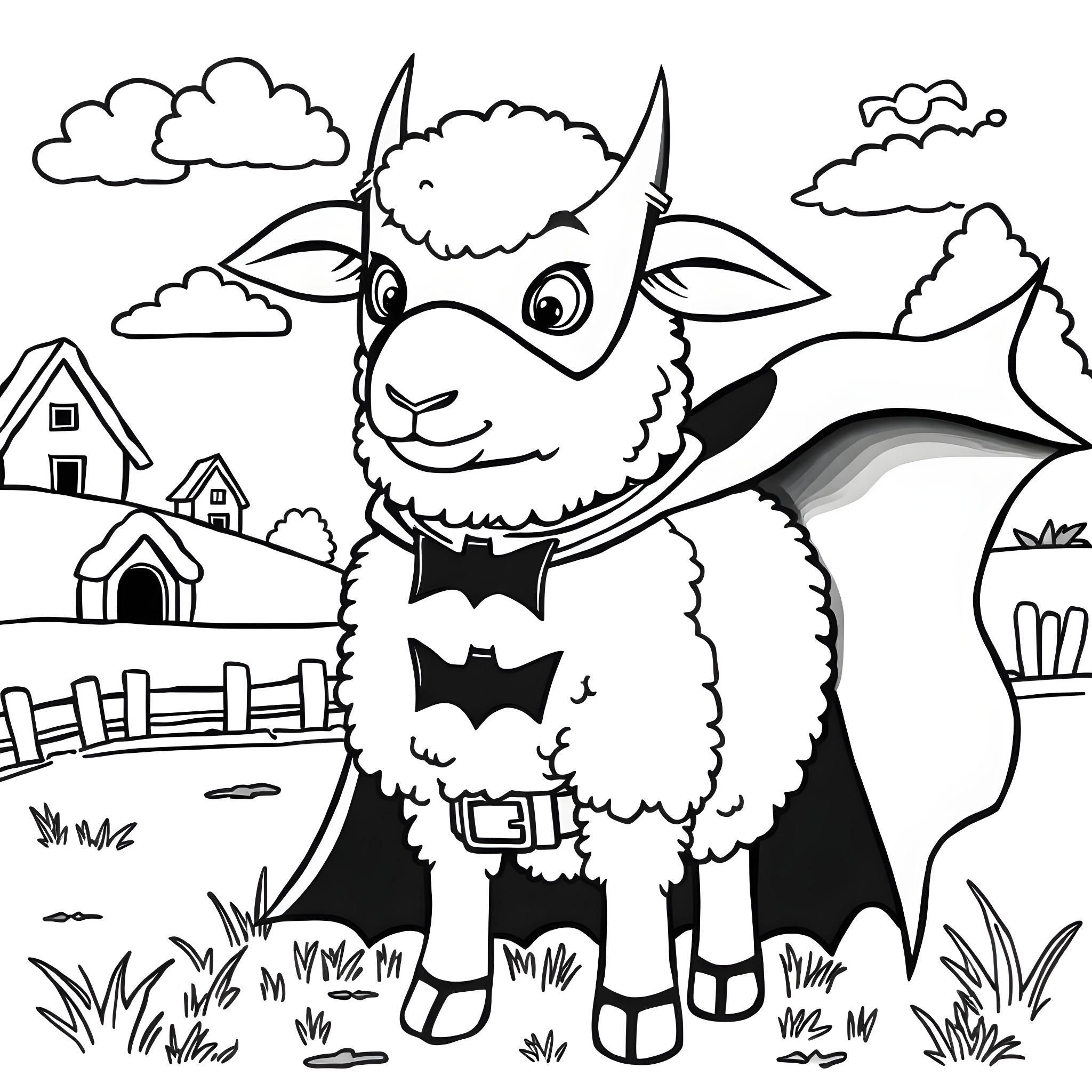 Sheep dressed as a bat on a farm Coloring Page (free black-and-white line drawing printable PDF for all, from beginners to advanced learners, including children, teens, adults, and seniors)