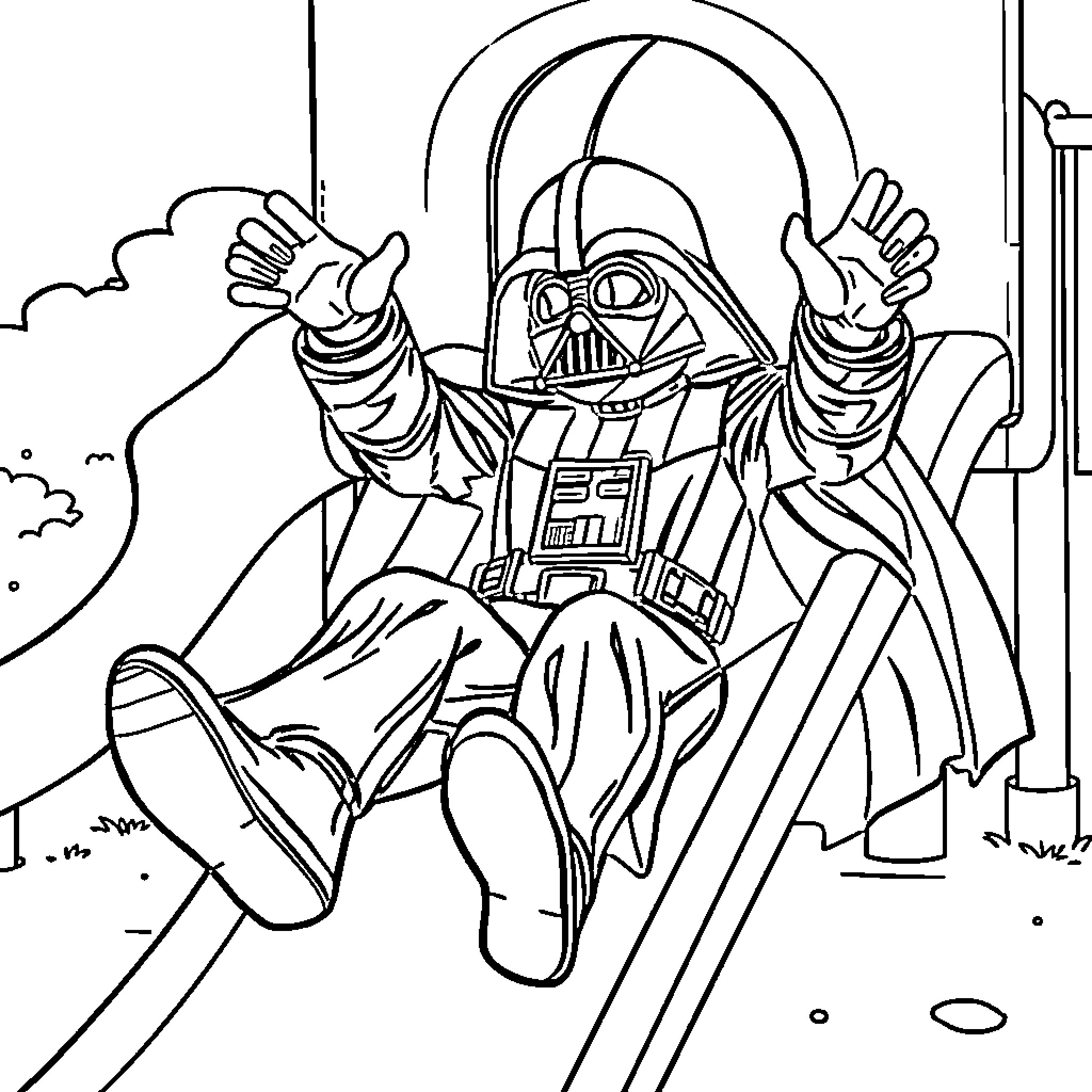 Darth Vader in action-packed scene Coloring Page (free black-and-white line drawing printable PDF for all, from beginners to advanced learners, including children, teens, adults, and seniors)