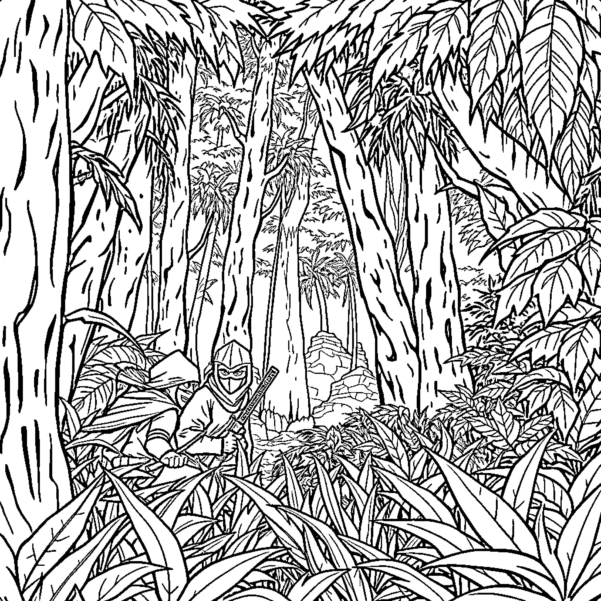 Ninja warrior concealed in dense jungle foliage Coloring Page (free black-and-white line drawing printable PDF for all, from beginners to advanced learners, including children, teens, adults, and seniors)