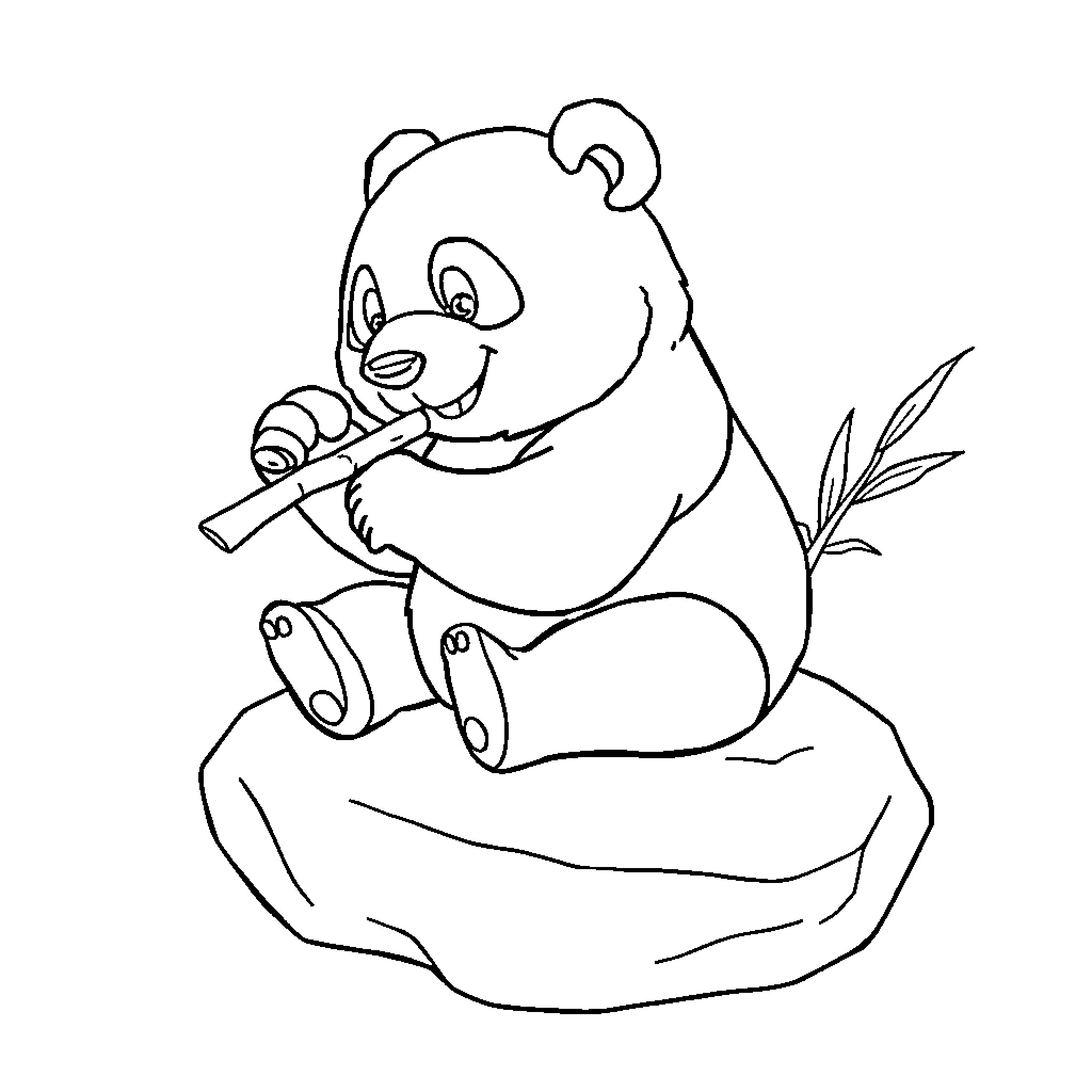 Panda enjoying a bamboo snack Coloring Page (free black-and-white line drawing printable PDF for all, from beginners to advanced learners, including children, teens, adults, and seniors)