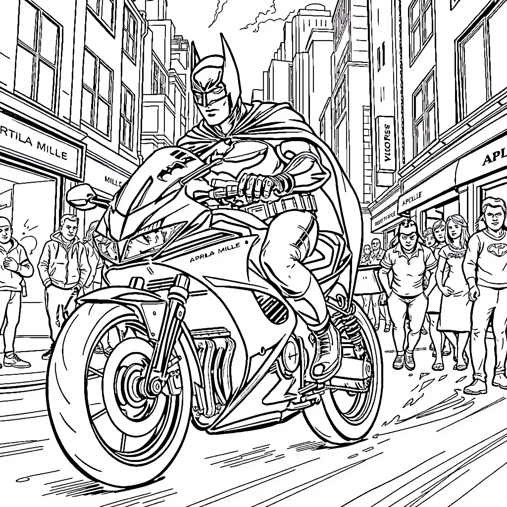 Batman taking action on a city street Coloring Page (free black-and-white line drawing printable PDF for all, from beginners to advanced learners, including children, teens, adults, and seniors)