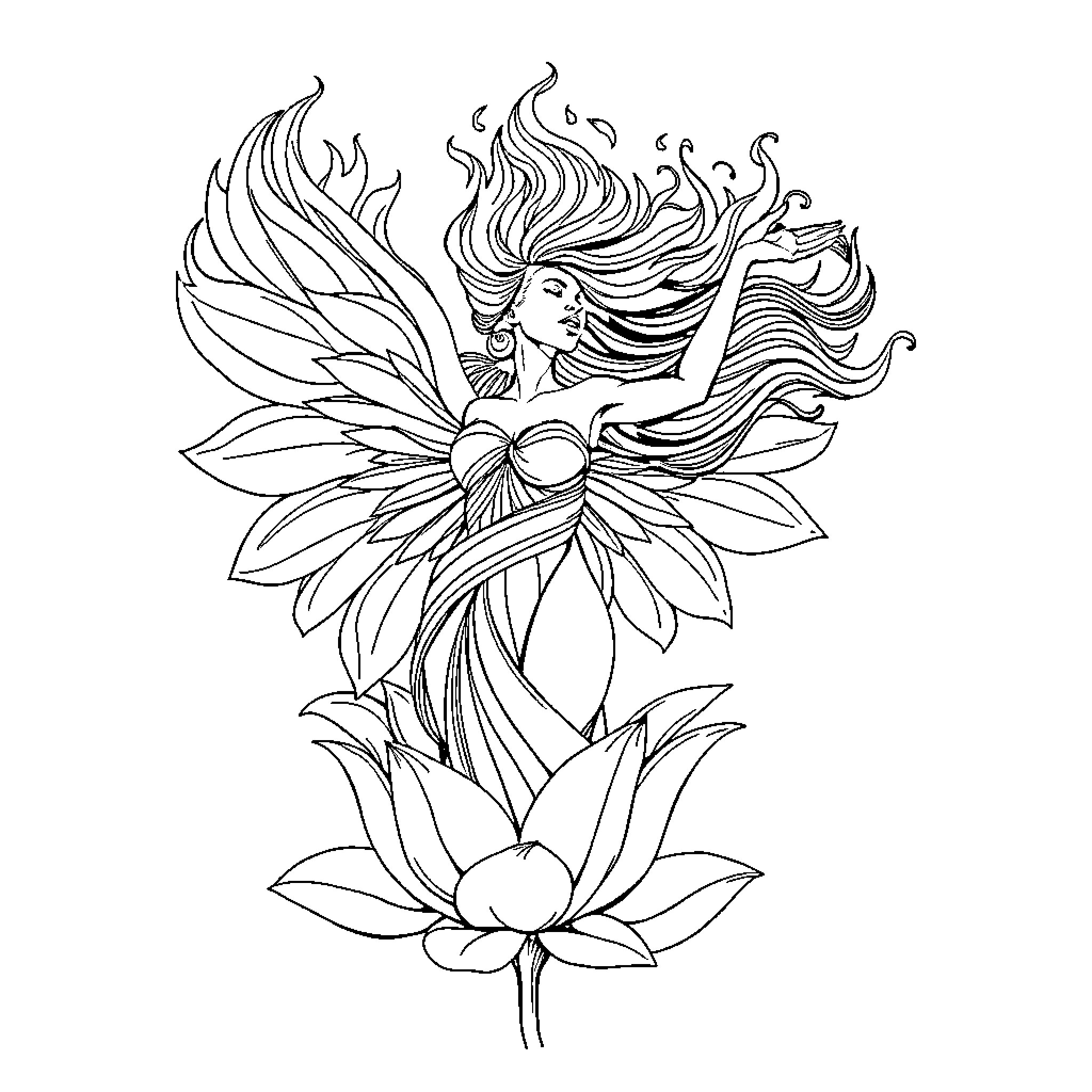 Woman with Flowing Hair and Floral Wings Coloring Page (free black-and-white line drawing printable PDF for all, from beginners to advanced learners, including children, teens, adults, and seniors)