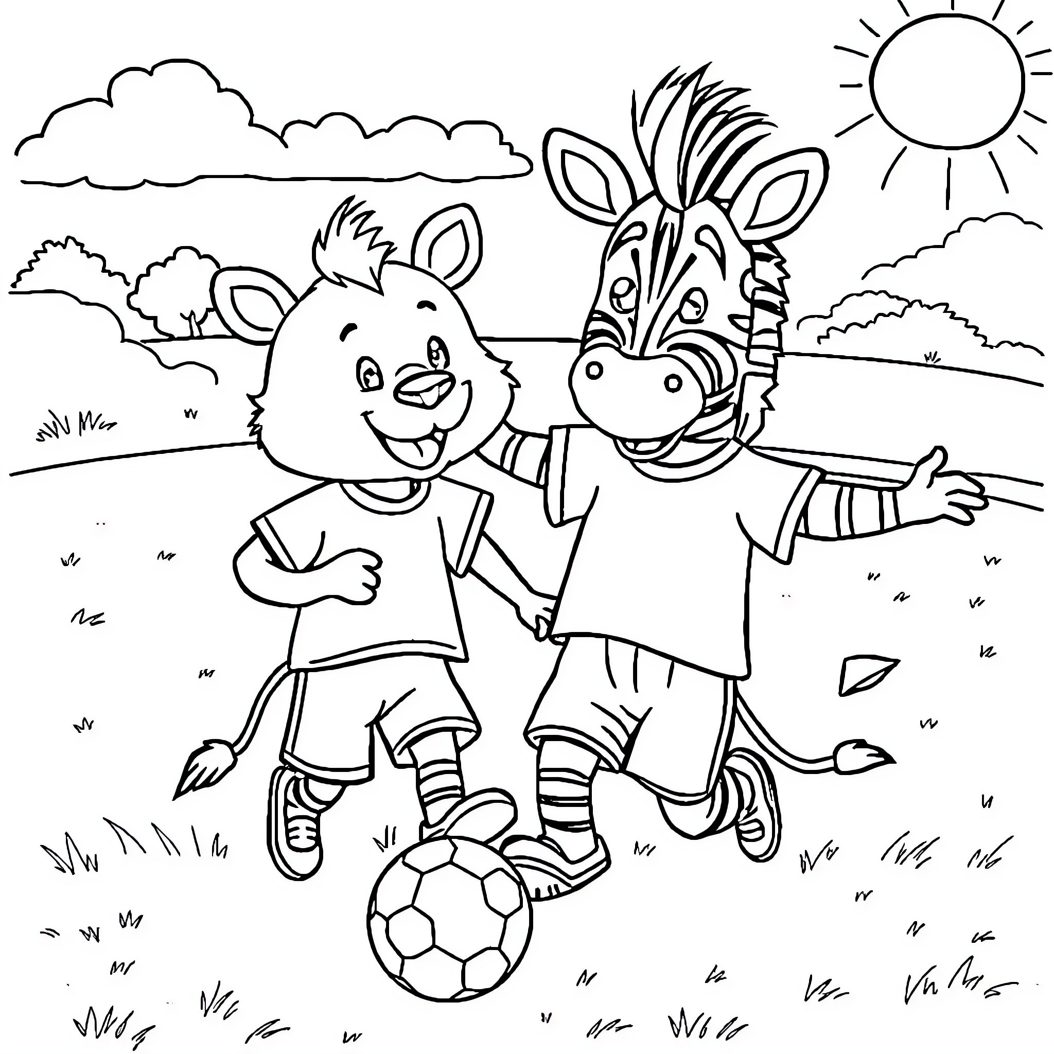 Lion cub and zebra foal playing with a soccer ball Coloring Page (free black-and-white line drawing printable PDF for all, from beginners to advanced learners, including children, teens, adults, and seniors)