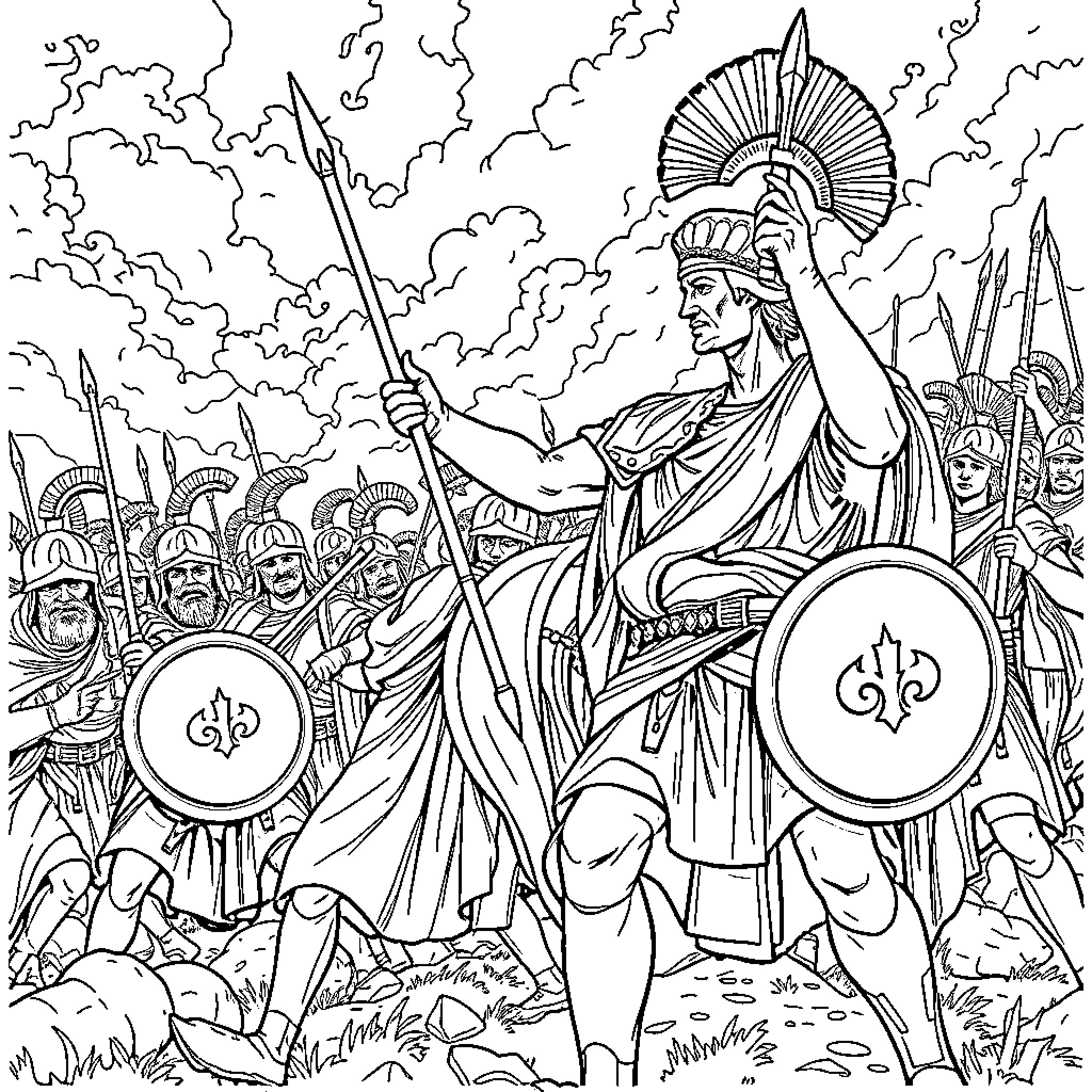 Caesar leading a Roman army into battle Coloring Page (free black-and-white line drawing printable PDF for all, from beginners to advanced learners, including children, teens, adults, and seniors)