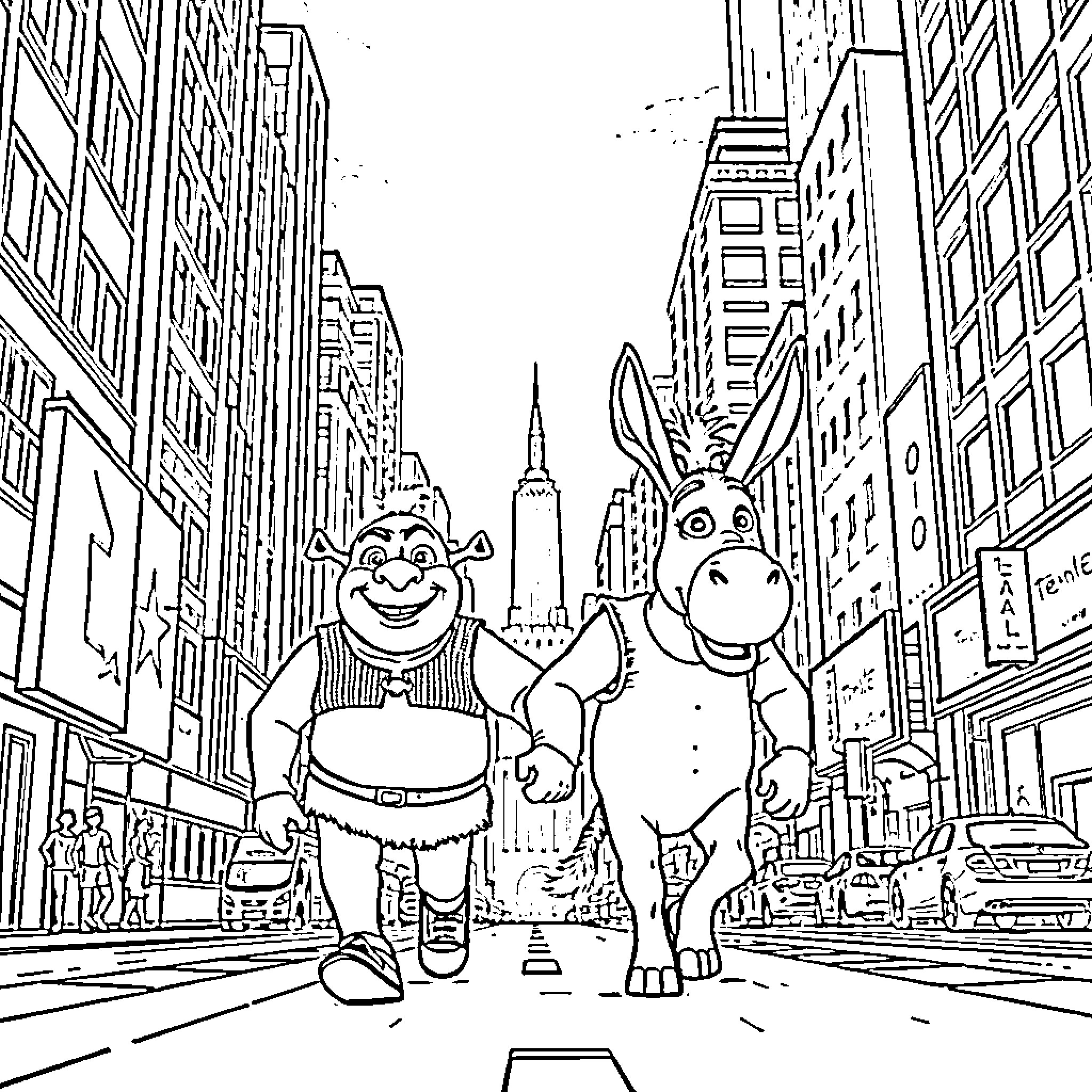Shrek and Donkey exploring the bustling city streets Coloring Page (free black-and-white line drawing printable PDF for all, from beginners to advanced learners, including children, teens, adults, and seniors)