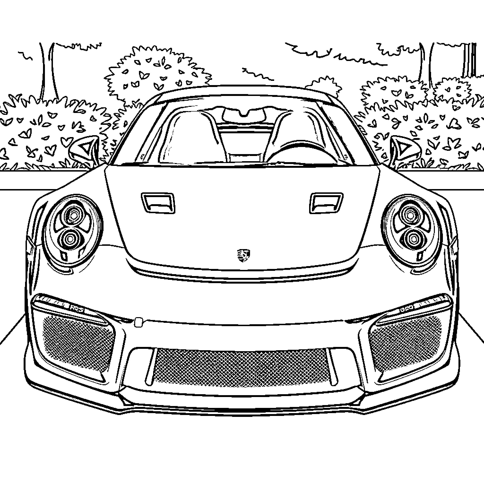 Porsche sports car in natural environment Coloring Page (free black-and-white line drawing printable PDF for all, from beginners to advanced learners, including children, teens, adults, and seniors)
