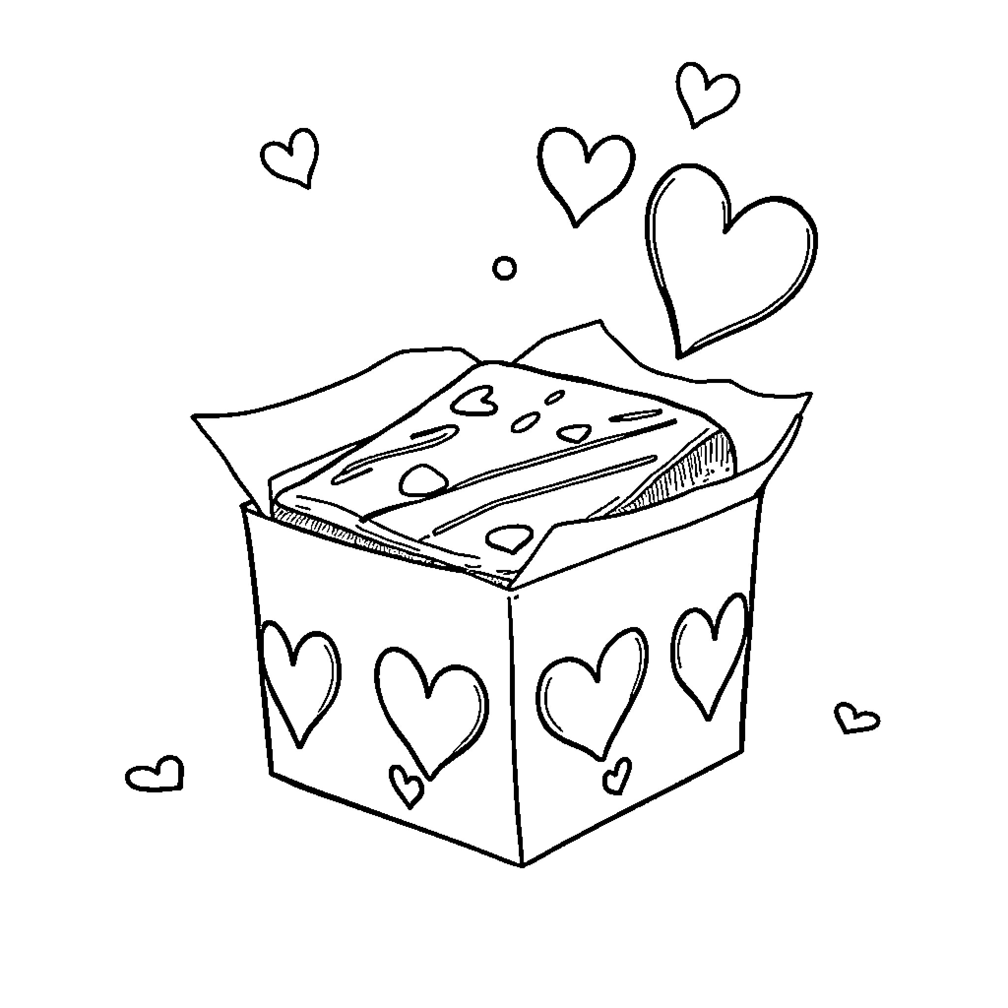 Brownie box with hearts floating around Coloring Page (free black-and-white line drawing printable PDF for all, from beginners to advanced learners, including children, teens, adults, and seniors)