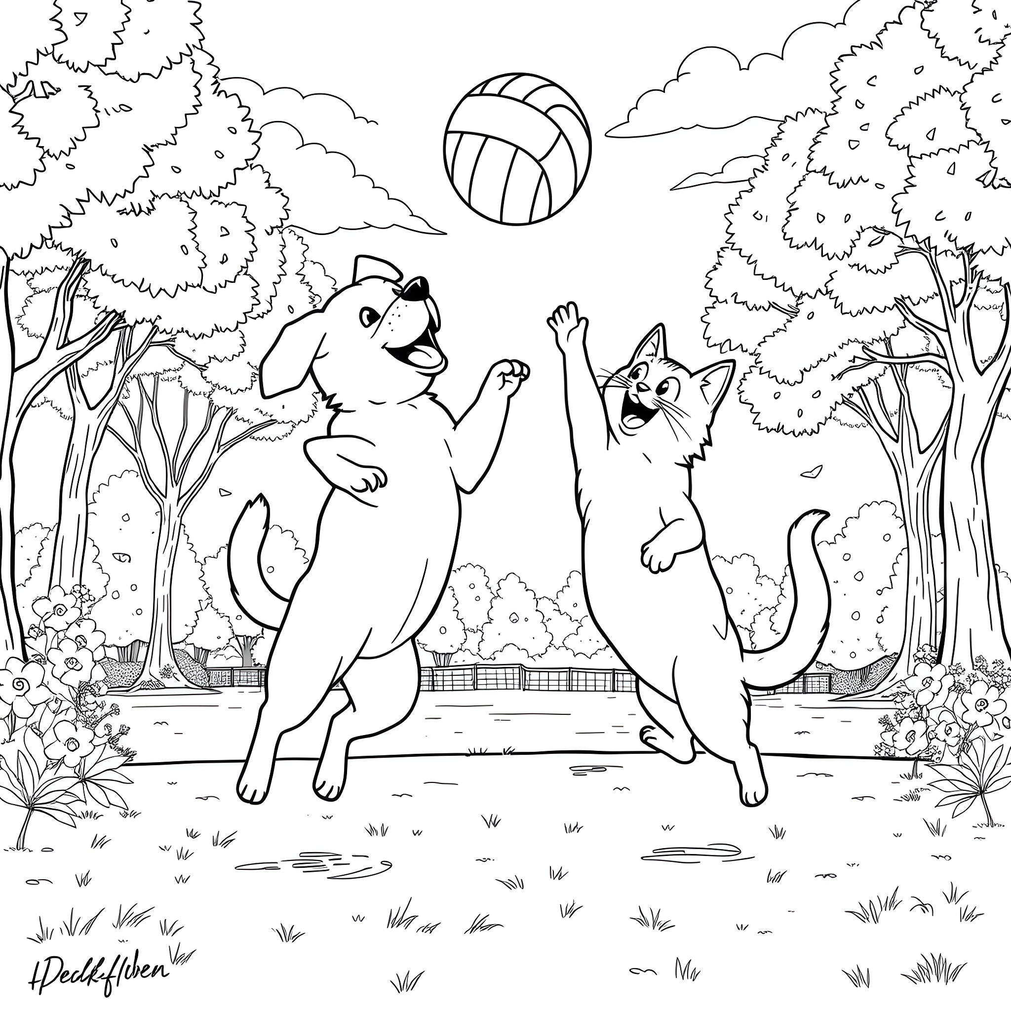 Dog and cat playing with ball in the park Coloring Page (free black-and-white line drawing printable PDF for all, from beginners to advanced learners, including children, teens, adults, and seniors)