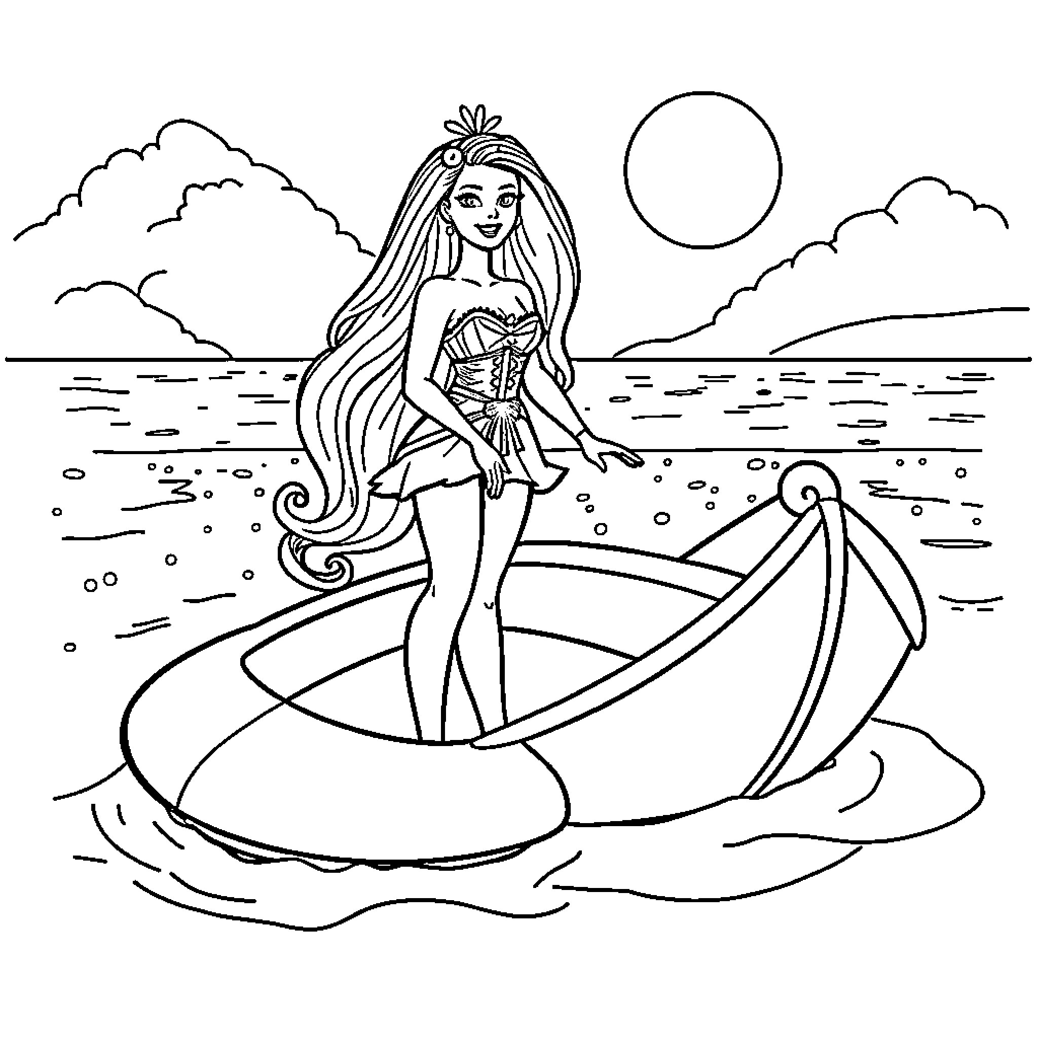 Barbie surfing on the ocean at sunset Coloring Page (free black-and-white line drawing printable PDF for all, from beginners to advanced learners, including children, teens, adults, and seniors)