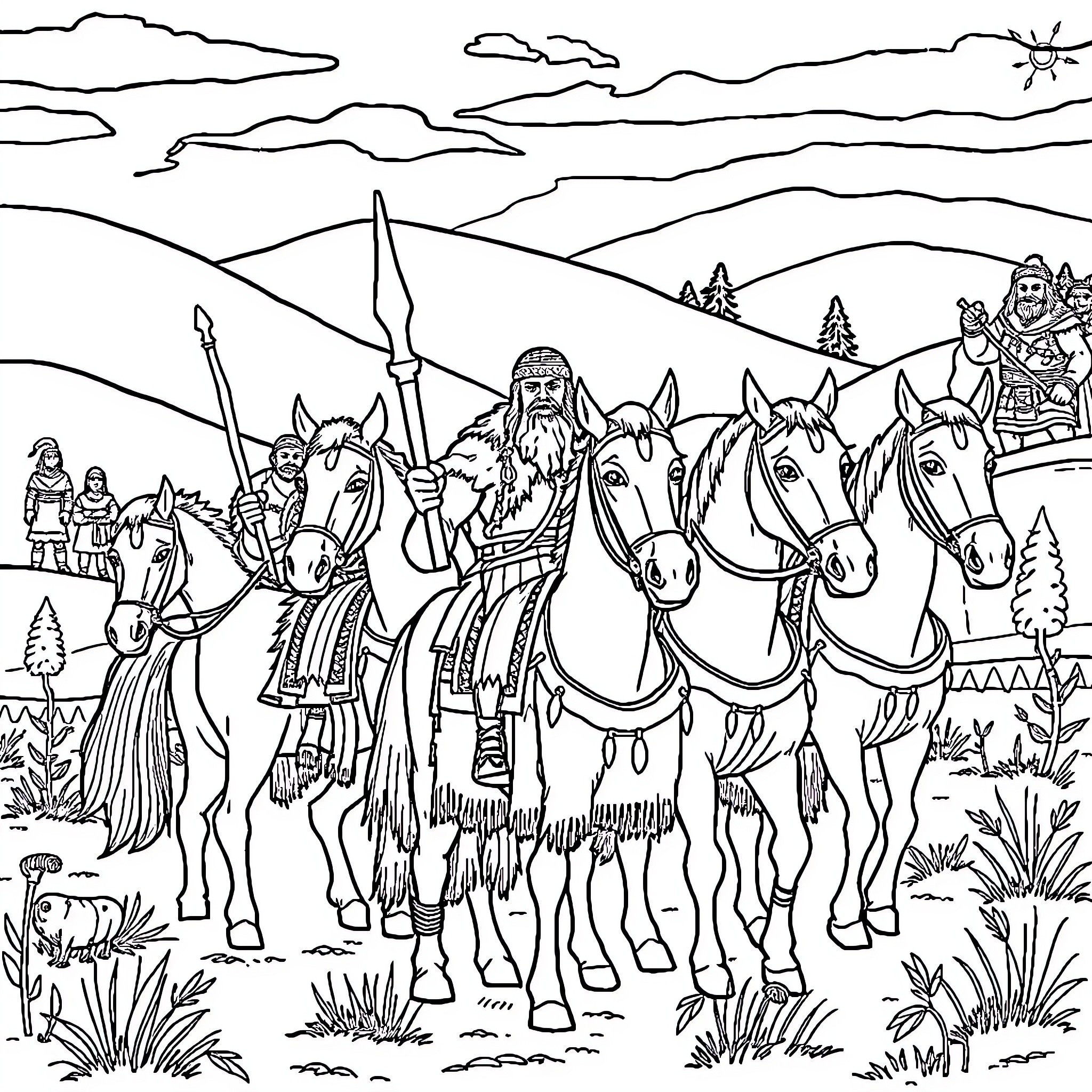 Barbarian warriors on horseback in a rugged landscape Coloring Page (free black-and-white line drawing printable PDF for all, from beginners to advanced learners, including children, teens, adults, and seniors)